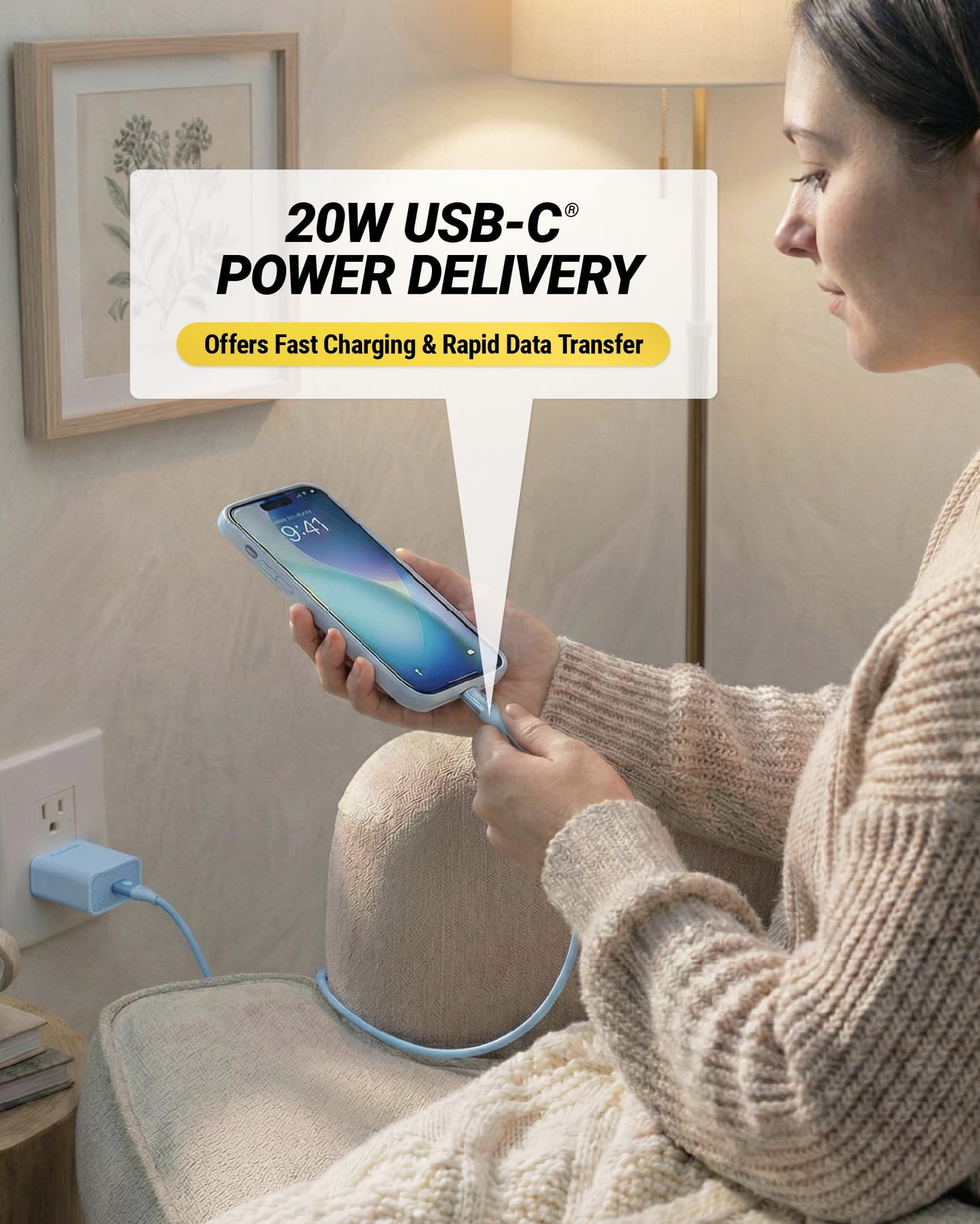 Scosche 20W USB C Charger Block and Braided 6ft USB-CCharging Cable, Fast Charging Type C Wall Charger Compatible with Apple iPhone Air, iPhone