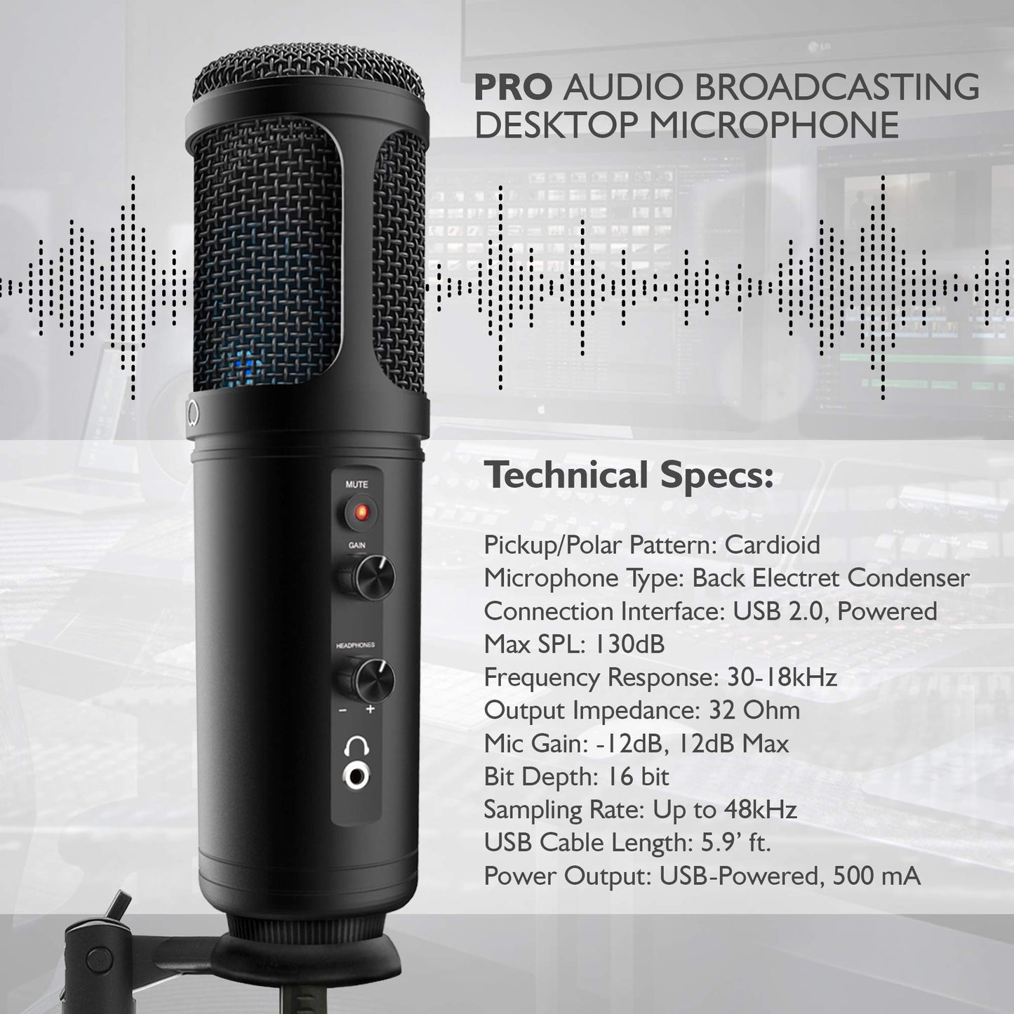 JOVIAL USB PC Recording Condenser Microphone - Blue LED, Adjustable Gain, Headphone Jack, Mute Control, Tripod Stand - Portable Pro Audio Condenser