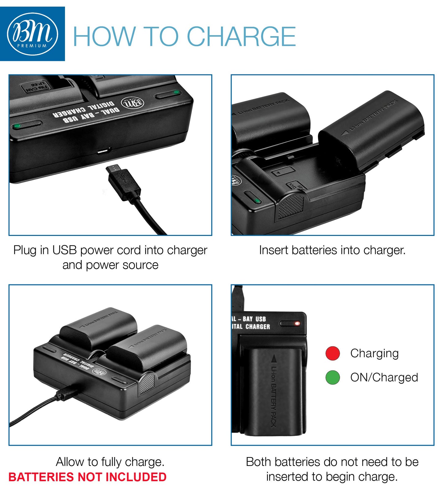 BM LP-E6, LP-E6N Dual Bay Battery Charger for Canon EOS R, EOS 90D, EOS 60D, EOS 70D, EOS 80D, EOS 5D II, EOS 5D III, EOS 5D IV, EOS 5Ds, EOS 6D, EOS