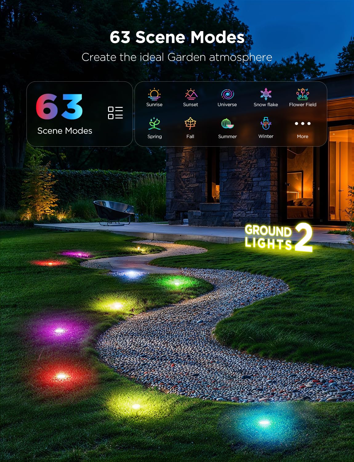 Govee Outdoor Ground Lights 2, 50ft Patio Decorations, 15 Pack RGBIC Pathway Lights with 100LM Warm White, IP67 Waterproof, 63 Scene Modes, Works