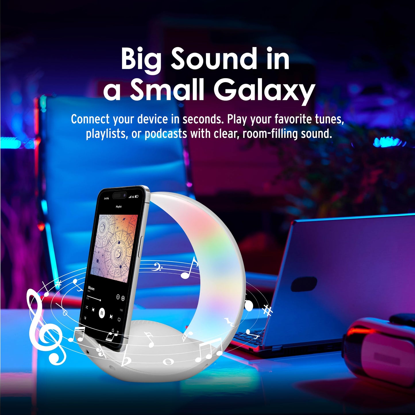 InnoVibe Moon Shape Bluetooth Speaker with Night Light, Portable Wireless Speaker with Dimmable LED, Phone Holder & Type-C Charging, Tech Gadgets