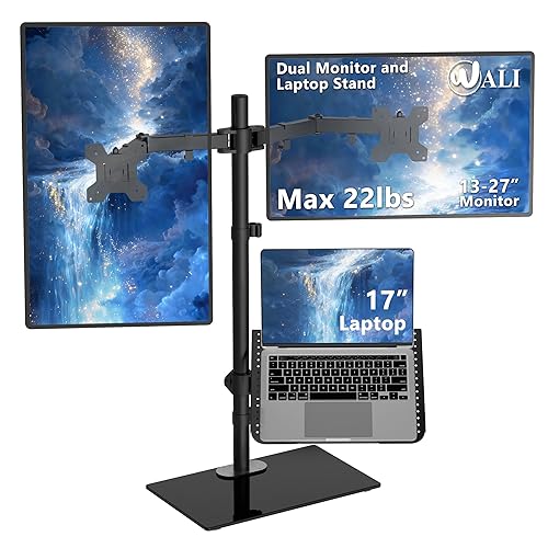 WALI Dual Monitor Stand with Laptop Holder, Height Adjustable Laptop Stand for Desk, Fits up to 27 inch Monitors and 17 inch Laptops, Freestanding