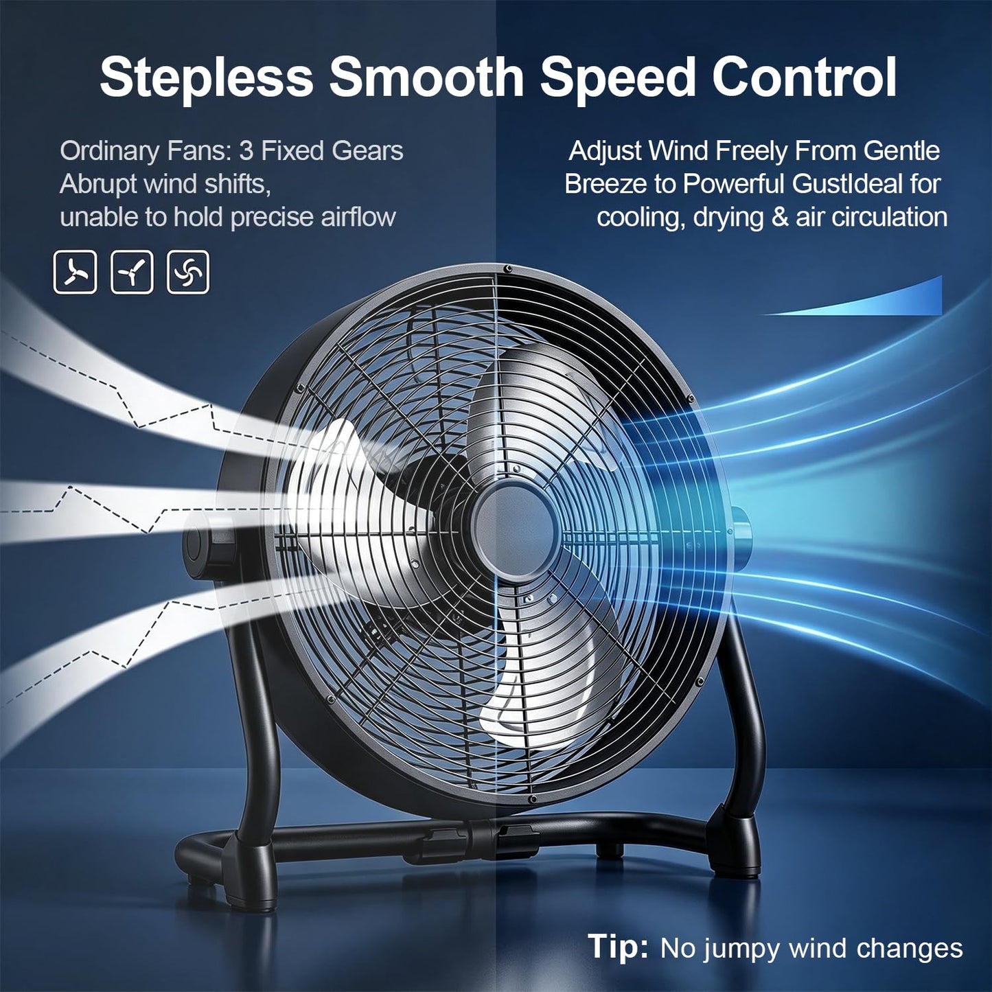 VortLab 18 Inch High Velocity Industrial Floor Fan, Stepless Variable Speed Metal Shop Fan, Multi-Angle Tilt, Dual Power Corded & Battery Operated