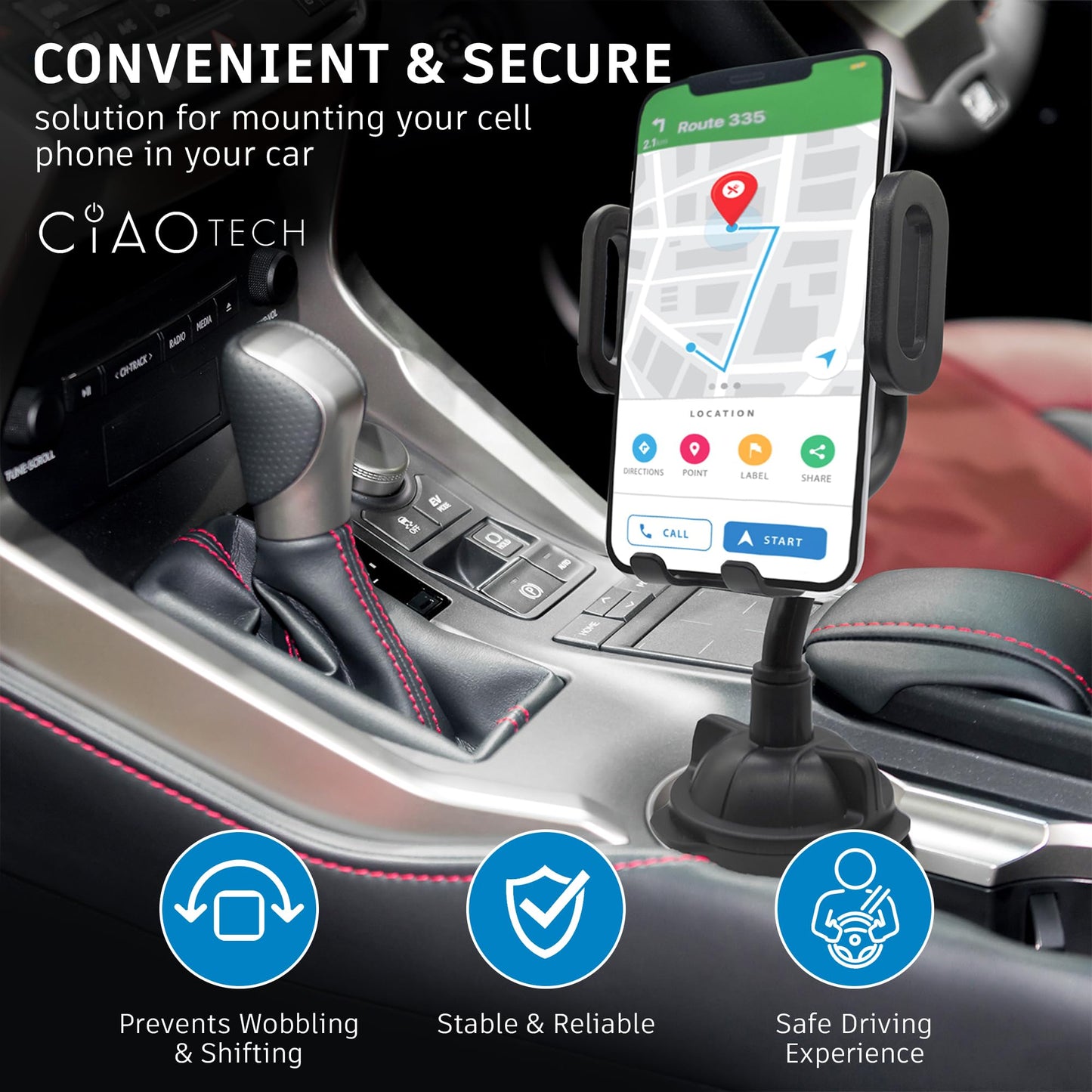 CIAO TECH Cup Holder Phone Mount for Car - Cup Holder Phone Holder with Adjustable Gooseneck - Universal Phone Cup Holder for Car Stable & Durable