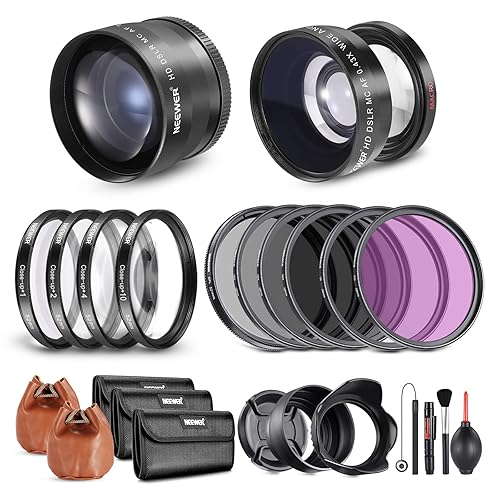 Neewer 52mm Lens and Filter Set: Wide Angle/2.2X Telephoto Additional Lens for 18mm-85mm APS-C Lens, (+1+2+4+10) Close Up Macro/ND/UV/CPL/FLD Filters