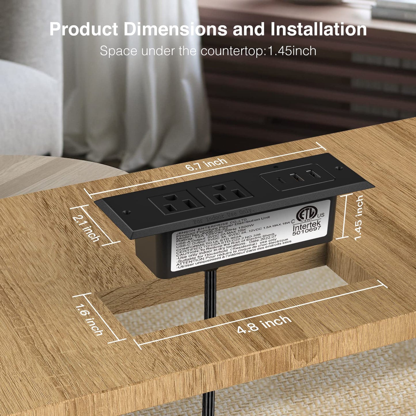 Type-C Conference Recessed Power Strip Socket,20W PD Fast Charging USB-C Power Strip,with 2 Outlets & 2 USB-A Ports &1 USB-C Port, 6.5ft Extension