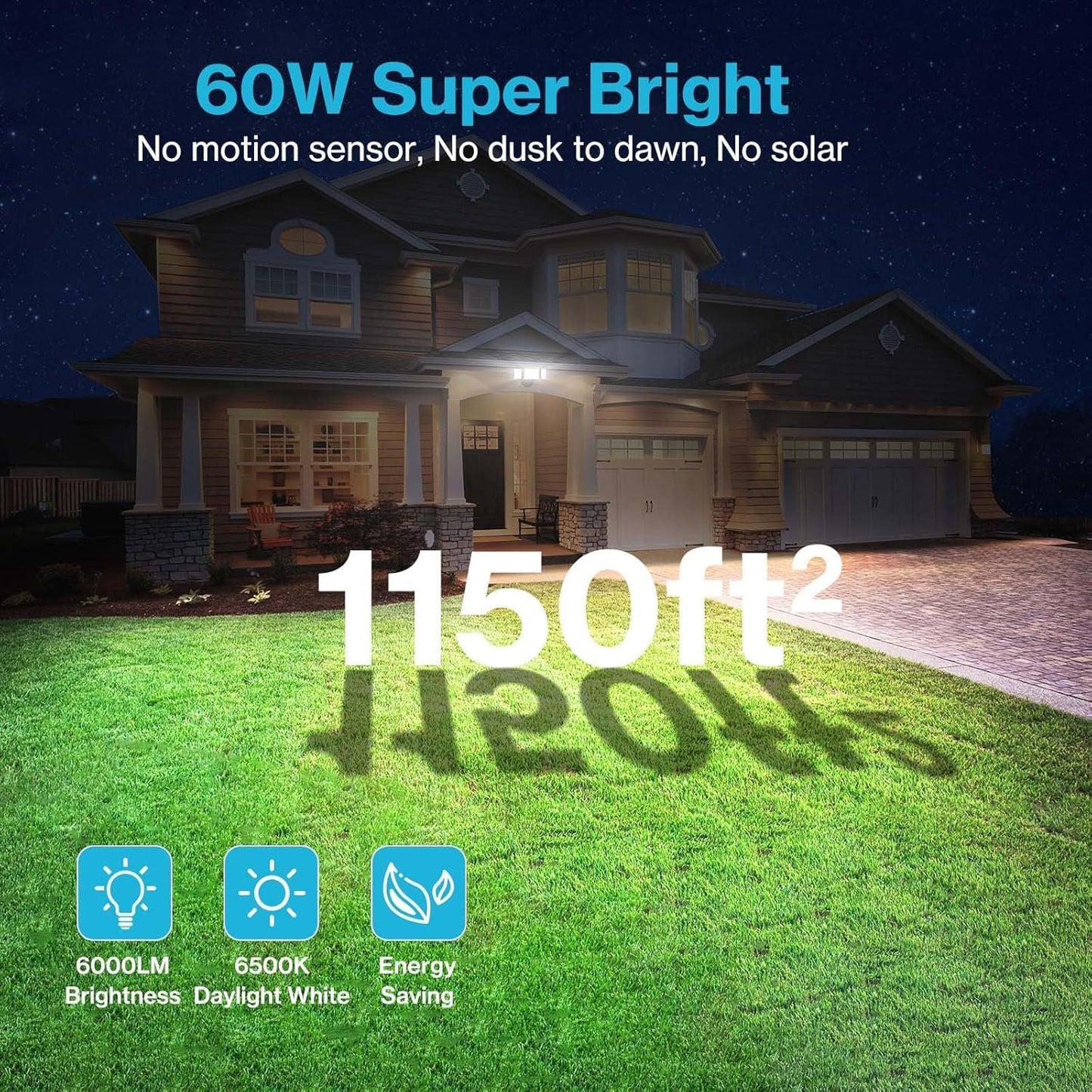 Olafus 60W Flood Lights Outdoor 2 Pack, Switch Controlled LED Security Lights 6000LM, 6500K Outside Floodlight, IP65 Waterproof Exterior Light Fixture