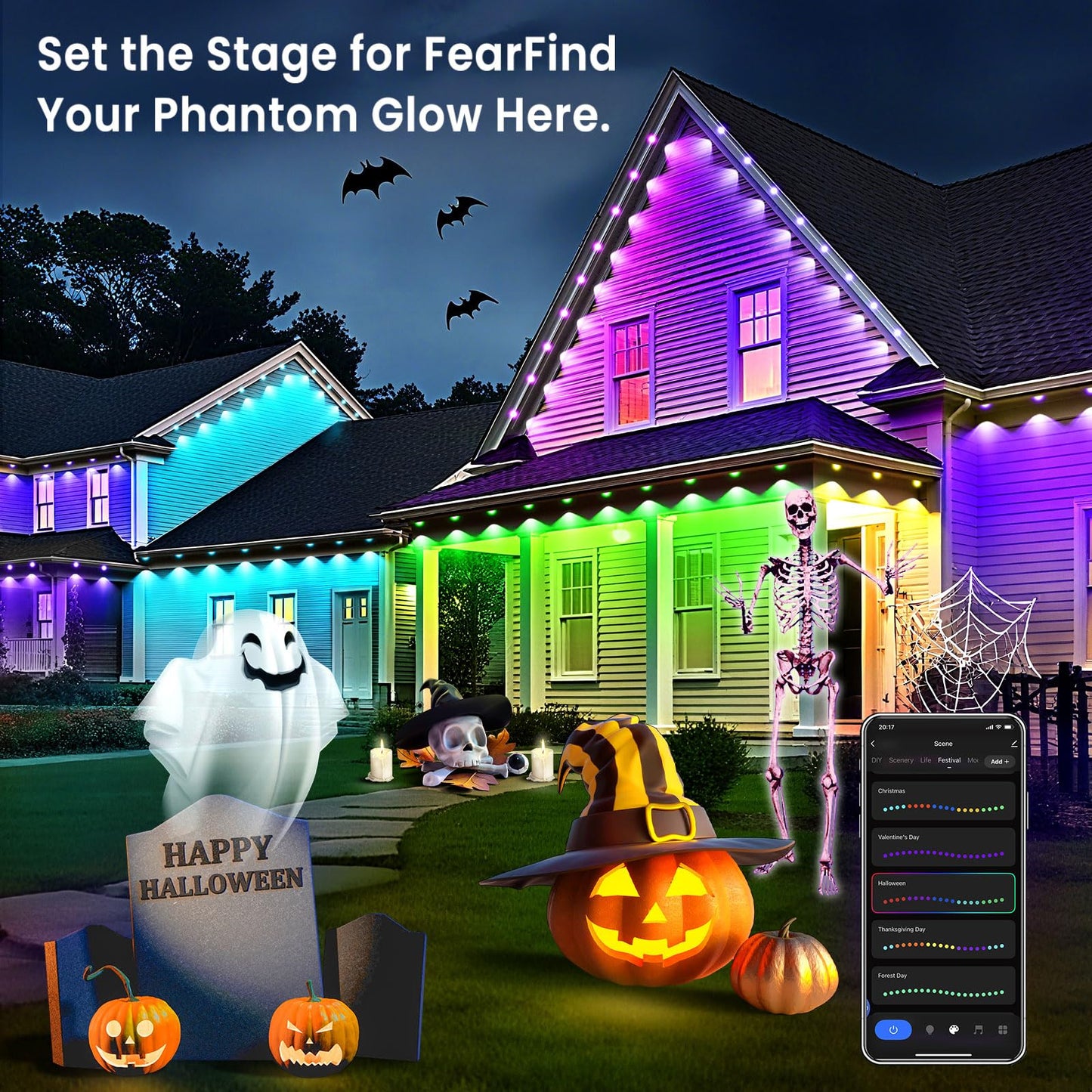 Smart Permanent Outdoor Lights for House, 150ft with 72 RGB+IC Permanent Outdoor Lights, P67 Waterproof with DIY Scene for Halloween Christmas Decor