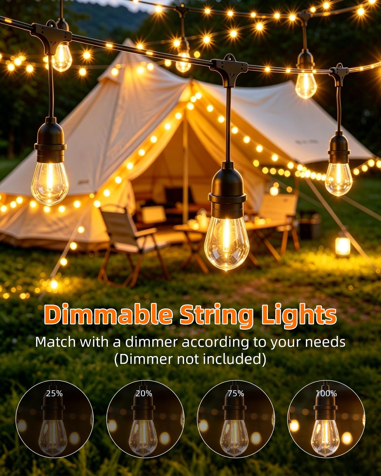 Outdoor String Lights With Lighted Tubing 24 ft, Commercial Grade String Lights with 13 (12+1spare) S14 Edison Bulbs & 72-LED Lighted Tubing, IP65