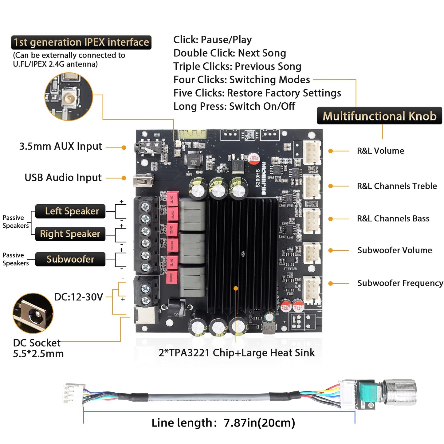 100W+100W+200W Power Amplifier Board, TPA3221 Chip with Bluetooth?AUX and USB Inputs, 2.1 Channel Audio Power Amplifier (S200HS-W)