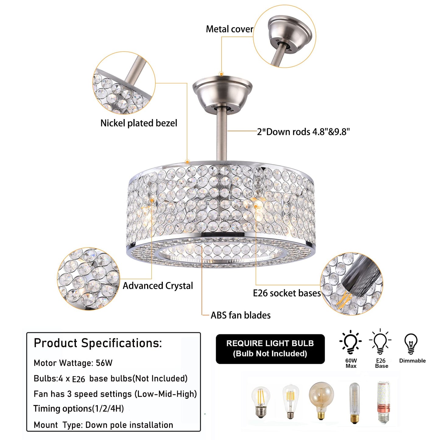 WUSILILU 18" Crystal Caged Ceiling Fan with Lights and Remote, 3-Speed Adjustment, 3 Fan Timing Options, Sleep Shutdown, Chandelier Fan for Bedroom