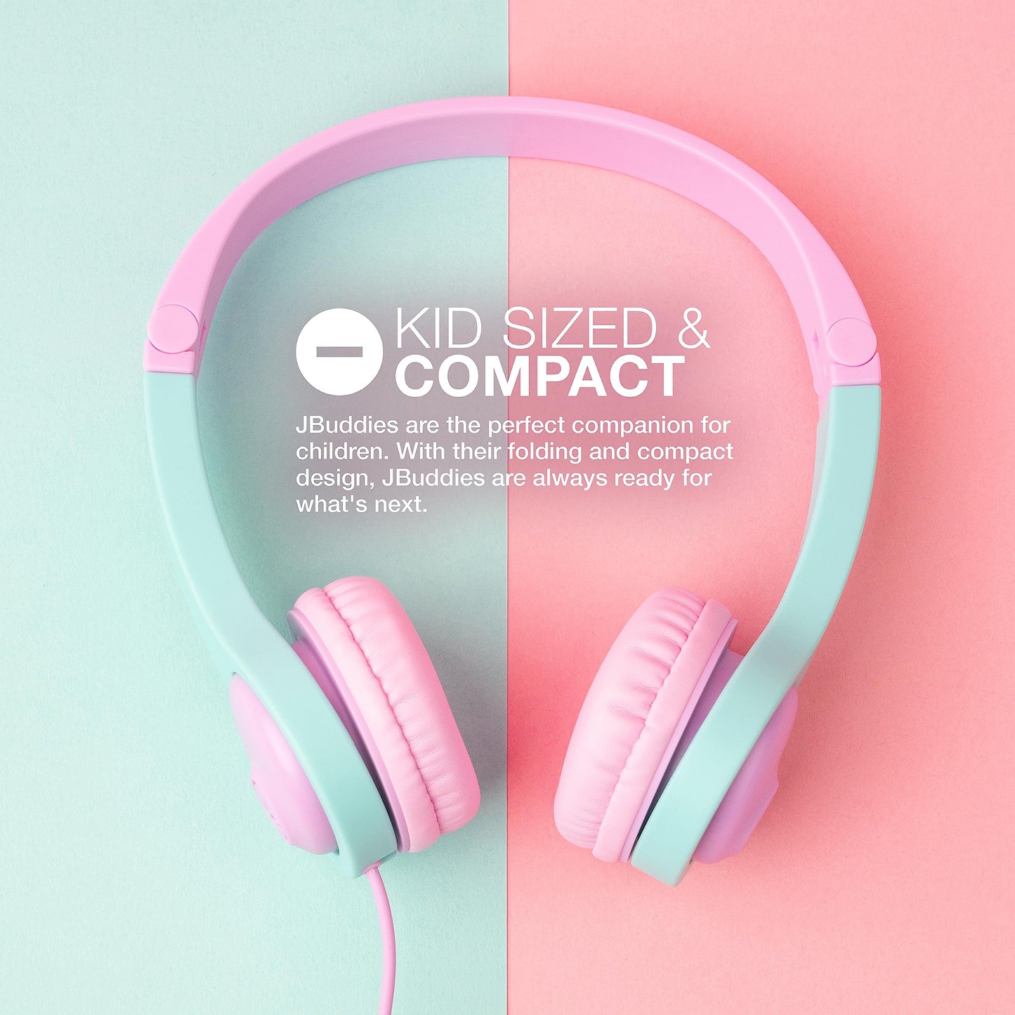 JLab, JBuddies Folding Gen 2, Kids Wired Headphones, Noise Isolating, Volume Limiting, Toddler Headphones Ages 2+, Pink/Teal