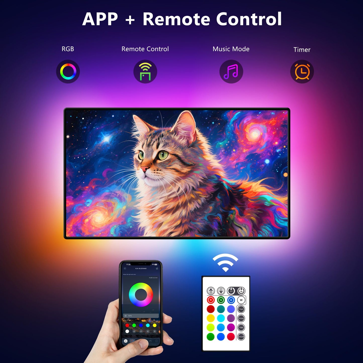 PANGTON VILLA TV LED Backlight for 40-60 Inch TV, 8.2ft LED Lights for TV with Bluetooth APP & Remote Control, 16 Color Led Strip Lights Changing TV