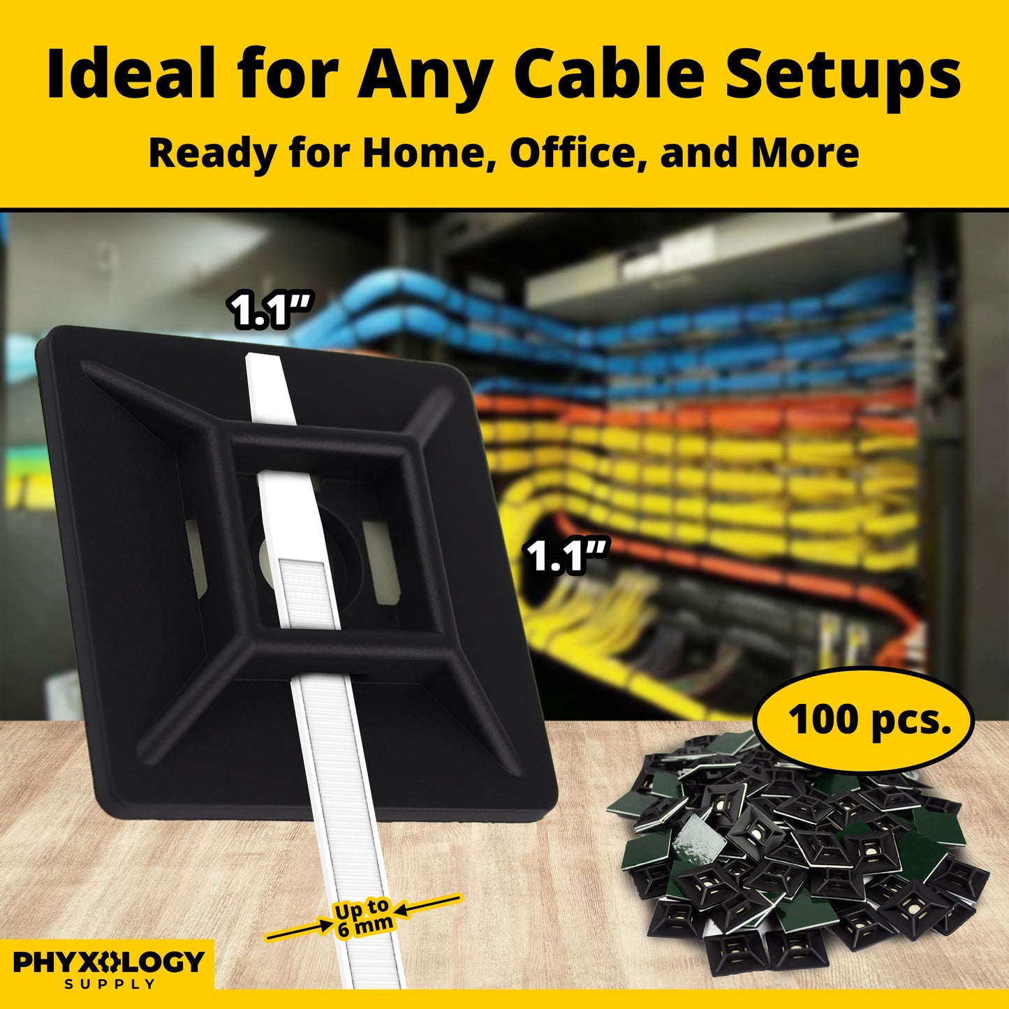 Zip Tie Adhesive-Backed Mounts 100Pk. Professional-Grade, UV Black Cable Tie Bases, 1.1 x 1.1. Screw-Hole Anchor Point Provides Optimal Strength