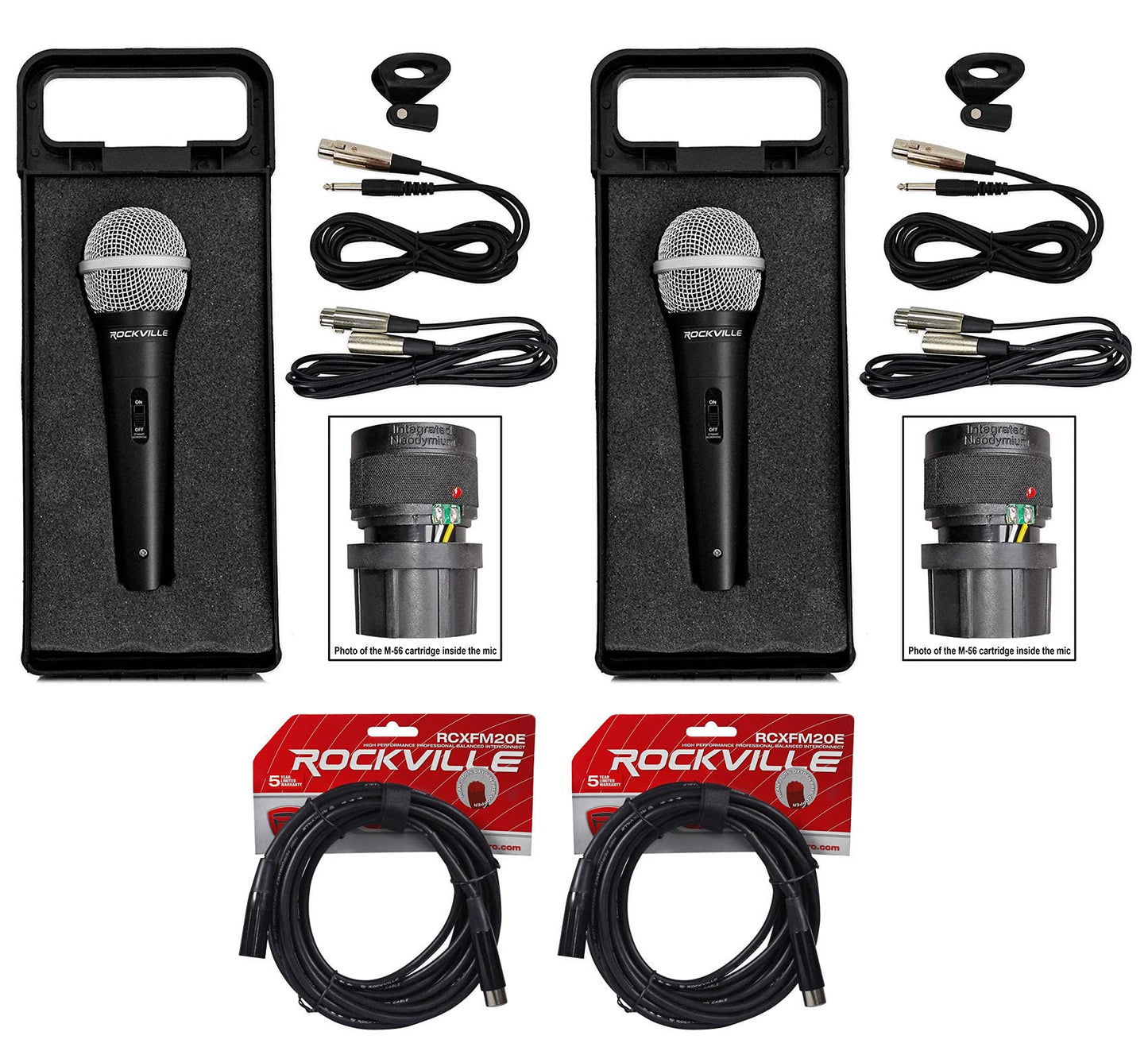 Rockville RMC-XLR Bundle: (2) High-End Metal Handheld Wired DJ Microphones with Neodymium Magnet, (2) RCXFM20E-B 20Ft 100% OFC Nickel Plated XLR
