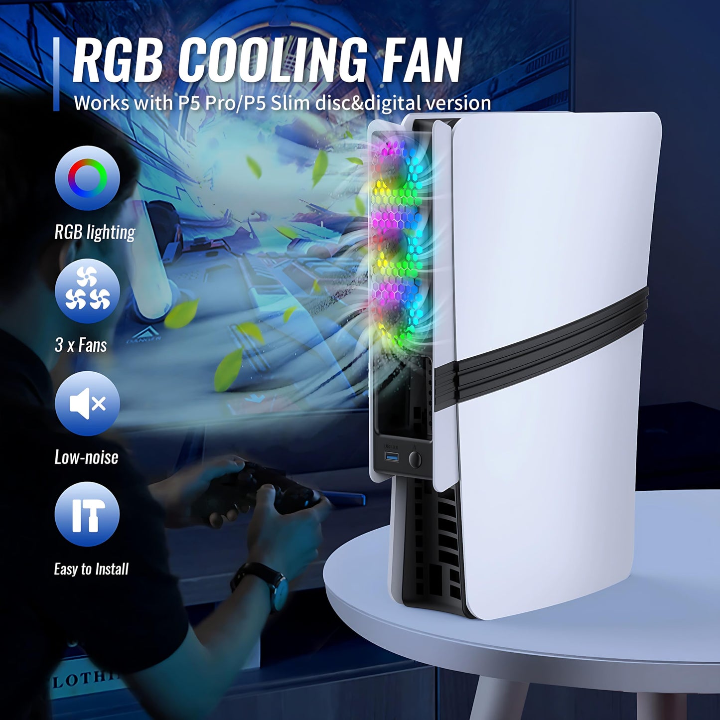 AMOZIFY Cooling Fan for PlayStation 5 (Slim/Pro, Disc & Digital) - Ultra-Quiet 3-Speed, USB 3.0 Pass-Through, Dynamic RGB - Black