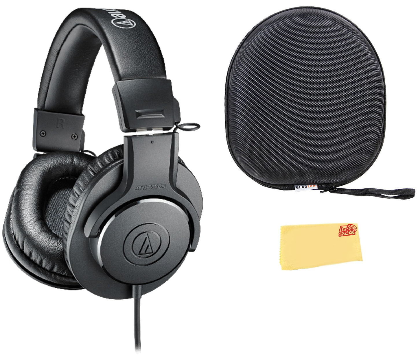 Audio-Technica ATH-M20x Professional Monitor Headphones - Black Bundle with Case and Austin Bazaar Polishing Cloth