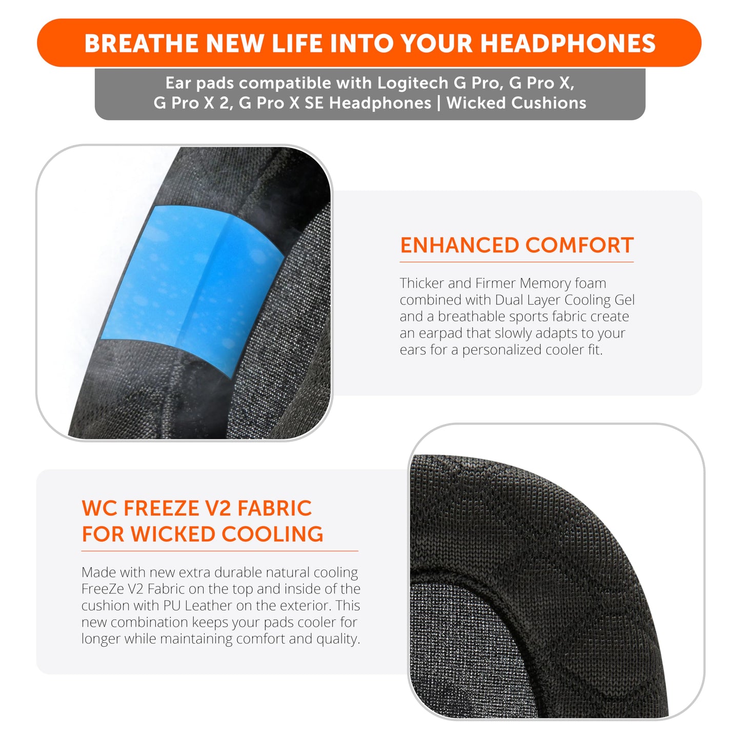 WC Freeze V2 G PRO X - Angled Cooling Gel Earpads Compatible with Logitech G Pro X Series by Wicked Cushions | Angled Pads for Extreme Comfort, New