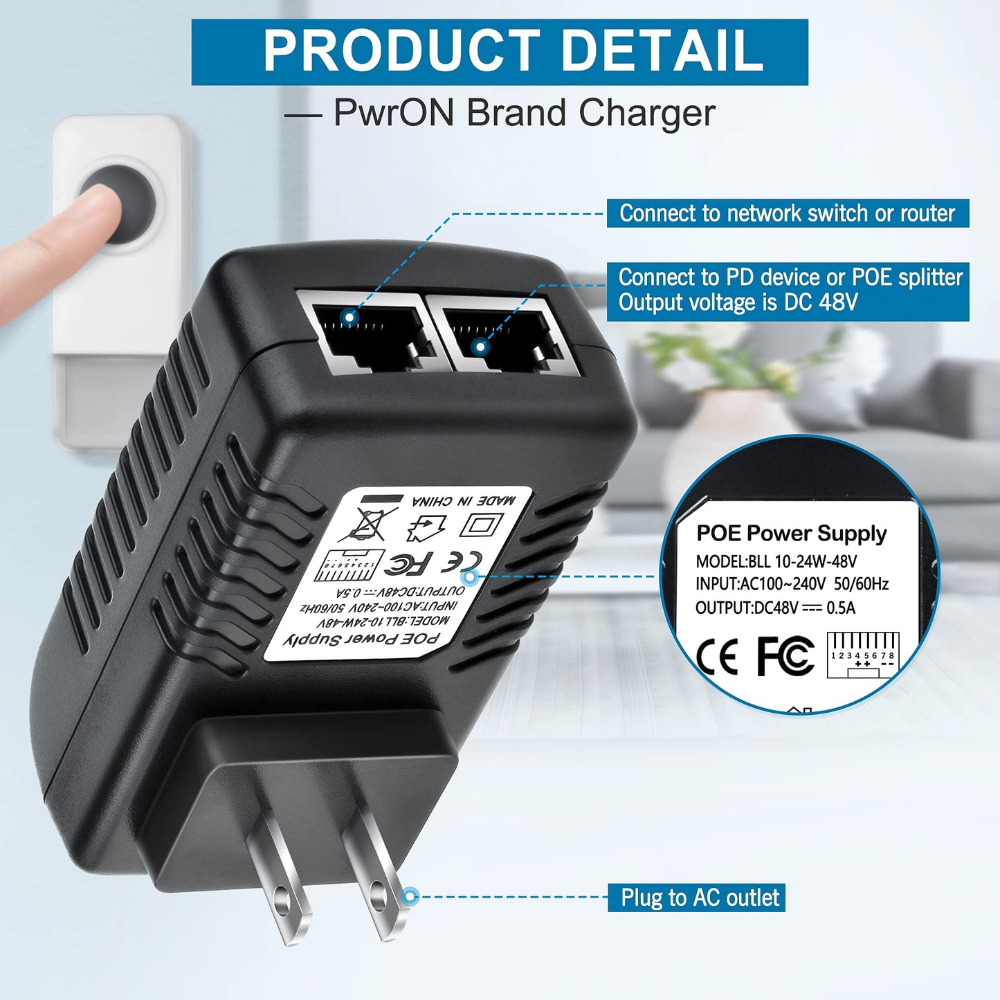 PwrON 48V PoE Injector IEEE802.3af 10/100Mbps for IP Phones Camera