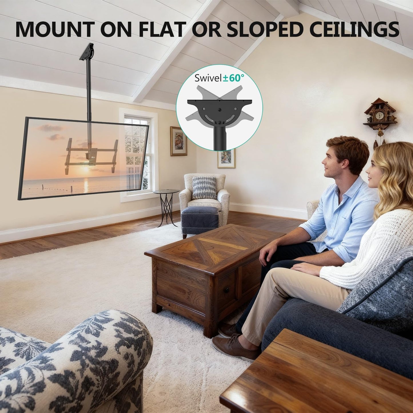 WALI Ceiling TV Mount for 37-90 Inch TVs, Extra Long Arm Ceiling Mount TV Bracket, Telescoping Height Adjustable Hanging Pole TVs Ceiling Mount, Holds