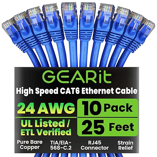 GEARit Cat 6 Ethernet Patch Cable 25 ft Blue (10 Pack) - Cat6 Patch Cables 25ft Blue/Ethernet Patch Cable, 10Gbps 550MHz 24AWG Pure Copper, Snagless