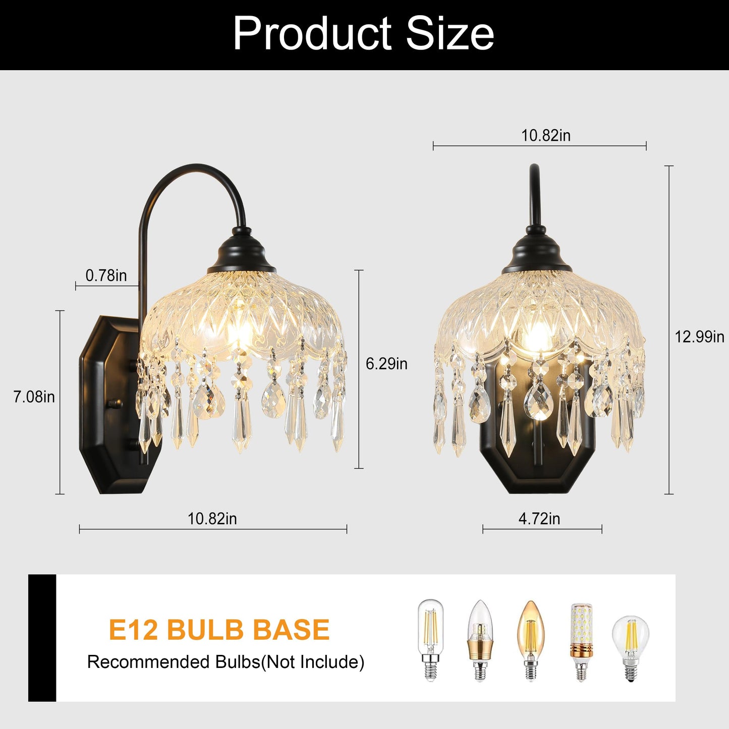 LOSNEOLAZ 2-Pack Vintage Glass Crystal Wall Sconce, Matte Antique Black Finish, for Bedroom Bathroom Hallway Living Room
