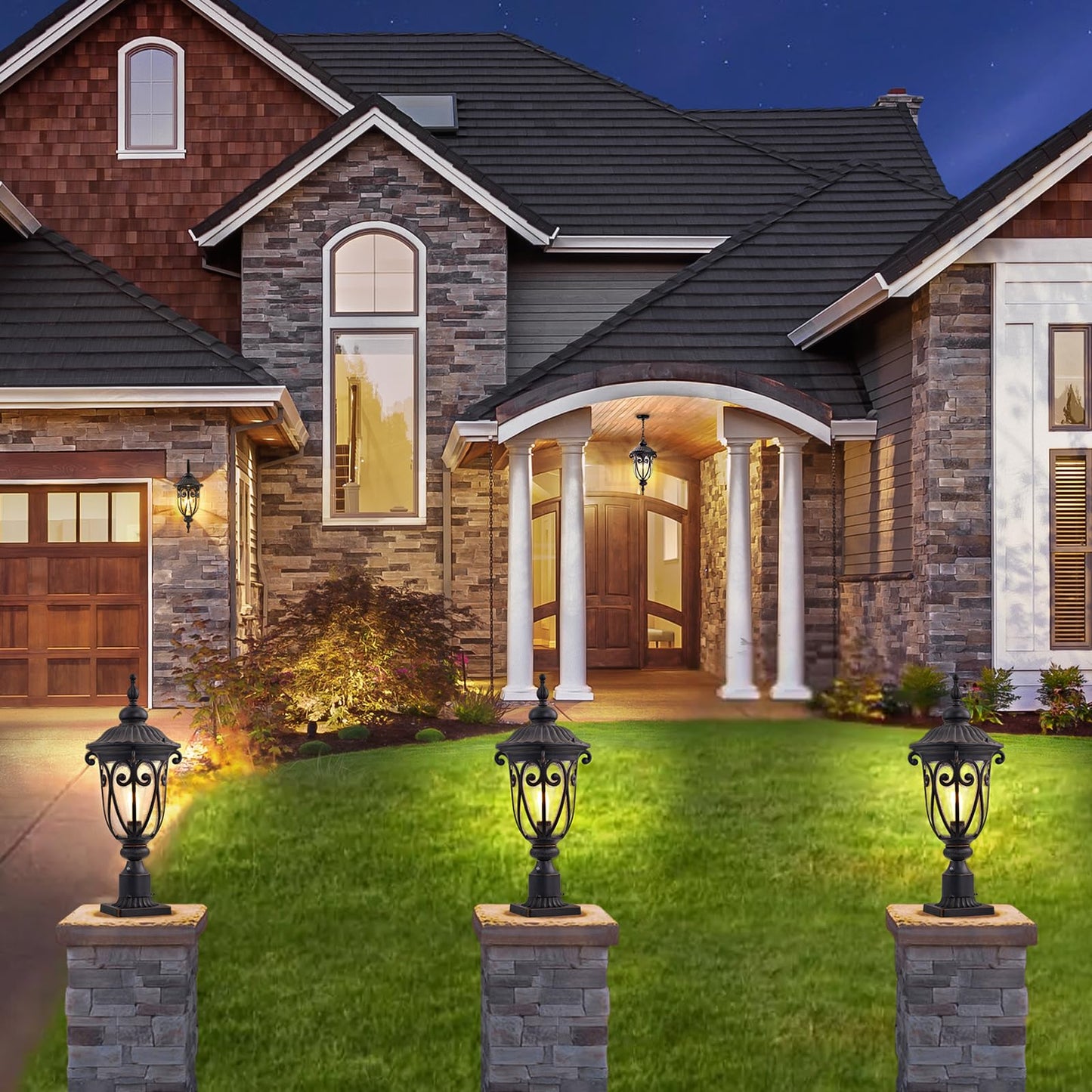 GOALPLUS 24 Inch High Outdoor Post Light Fixture with Dusk to Dawn Sensor, Bronze Post Lantern with Pier Mount, Exterior Pole Lighting with Seeded