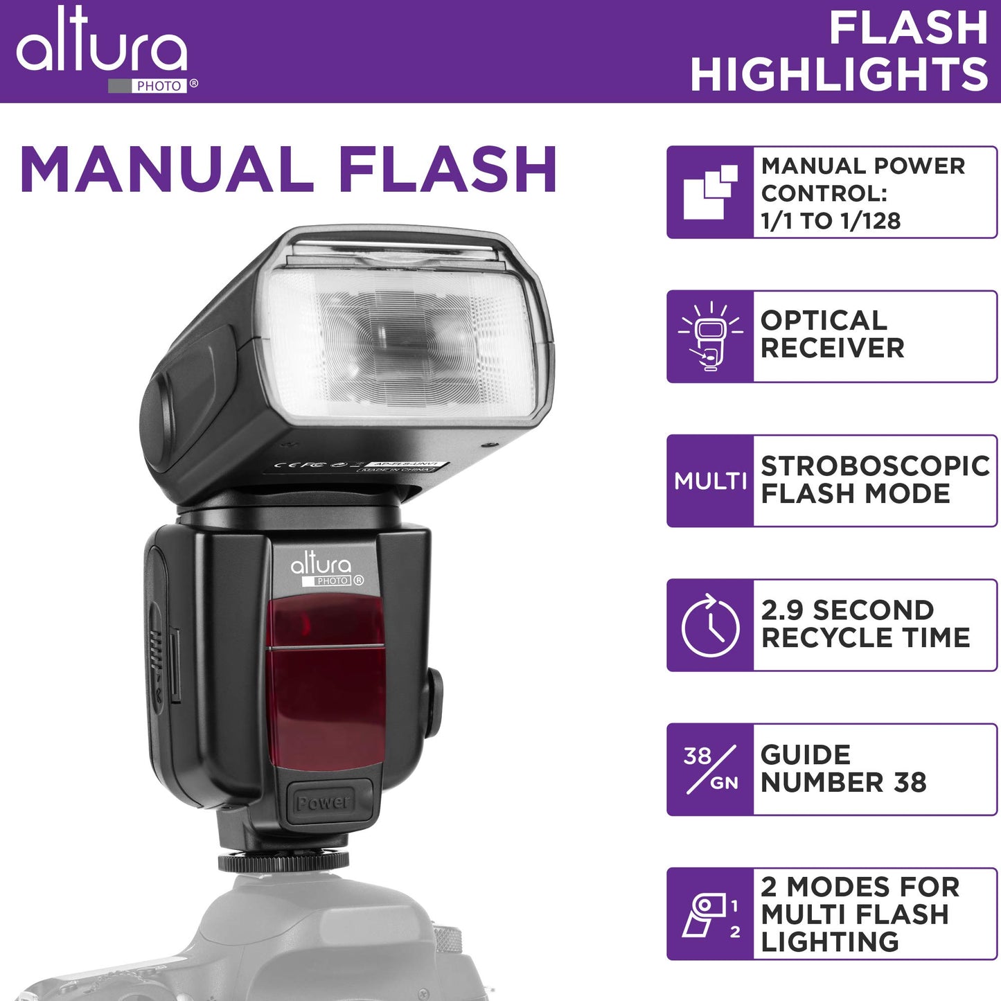 Altura Photo Camera Flash with LCD Display for DSLR & Mirrorless Cameras - External Speedlite Featuring a Standard Hot Shoe, Universal Speedlight