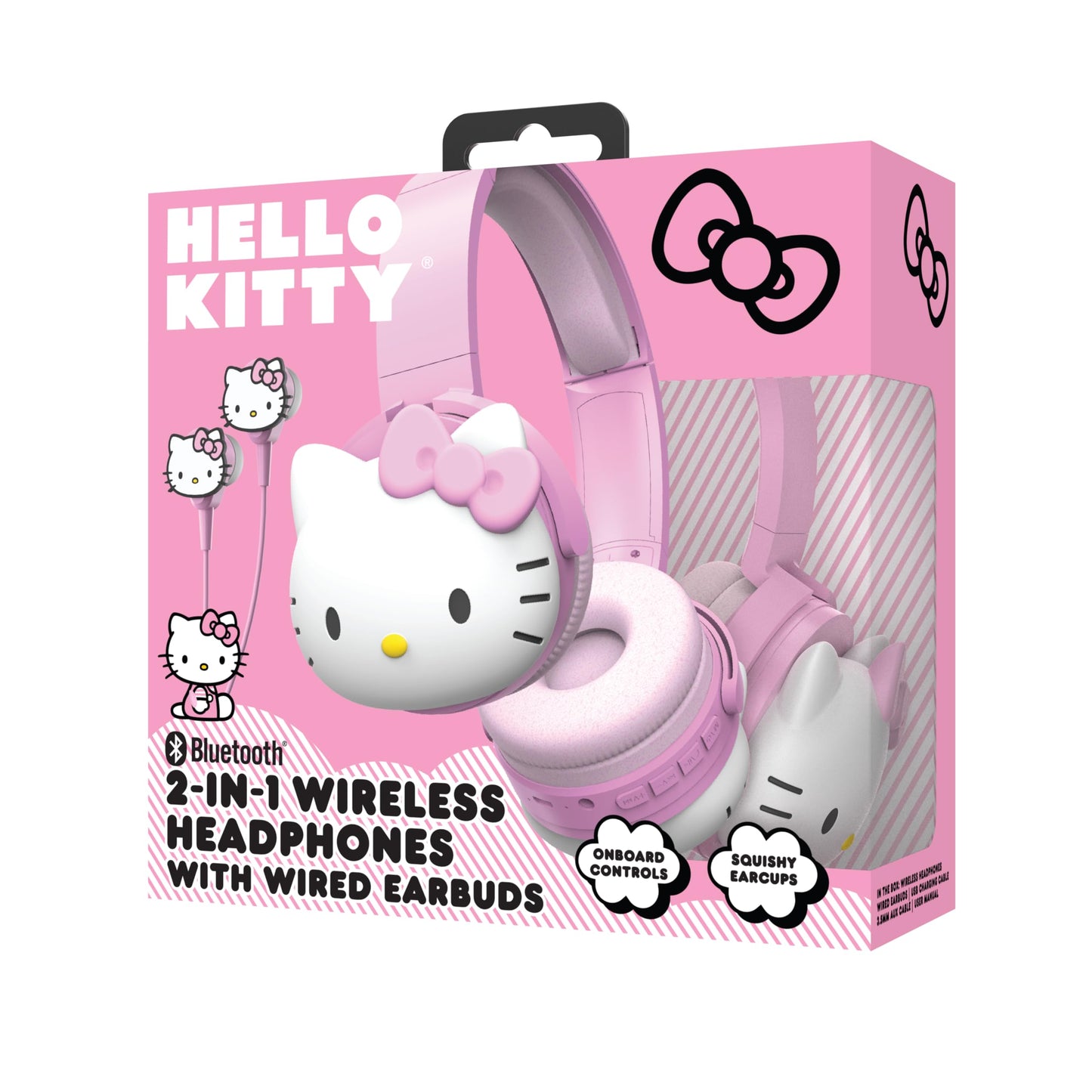 Hello Kitty 2-in-1 Wireless Bluetooth Headphones with Wired Earbuds - Foldable Over-Ear Headset with Built-in Mic, AUX Cable, Adjustable Headband,