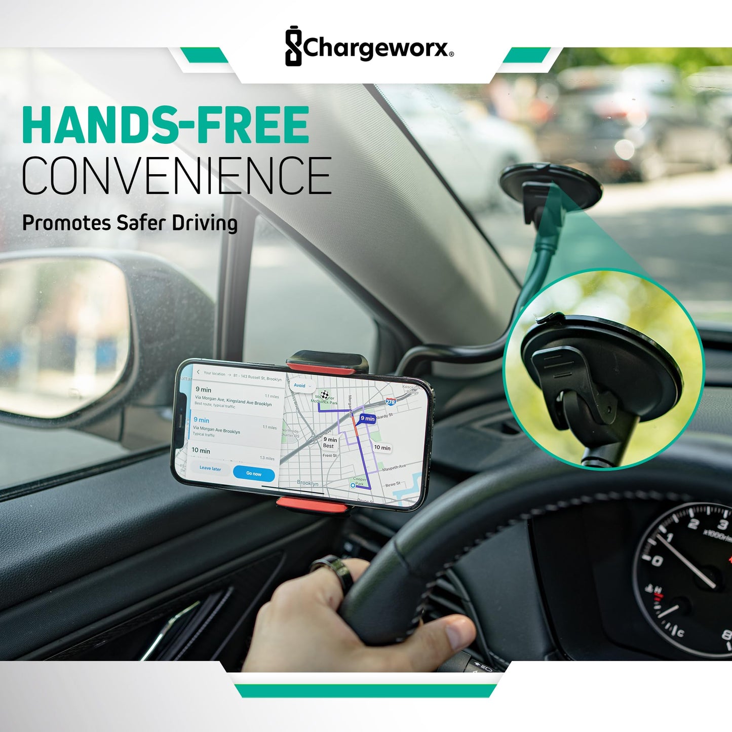 CHARGEWORX Adjustable Windshield Phone Mount for Cars, 14.75” Flexible Gooseneck Cell Phone Holder with Suction Cup, Anti-Slip Clamp Grip, 360-Degree