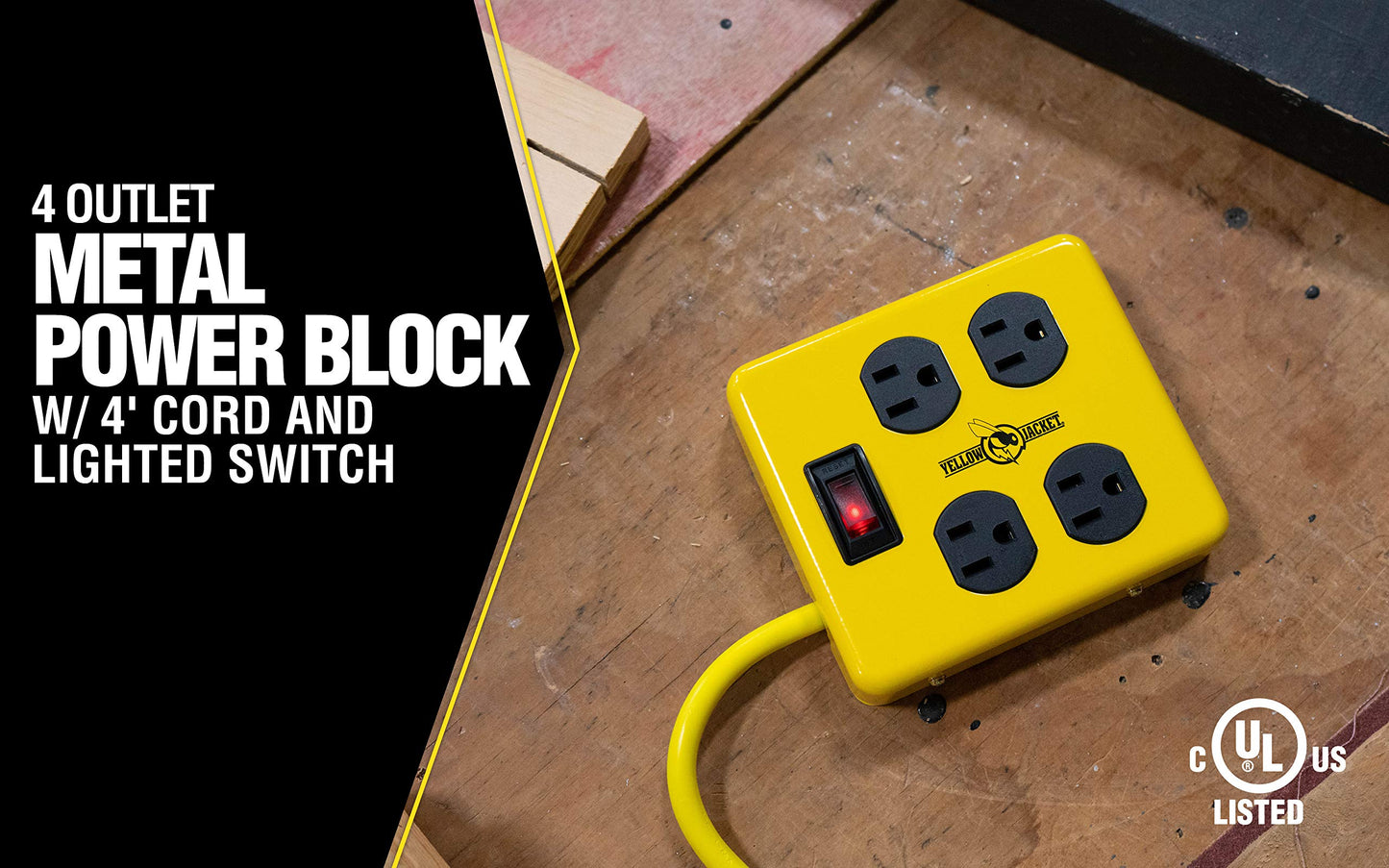 Southwire Yellow Jacket Metal Power Block - Heavy Duty Design - 4 Outlet Grounded Plug Splitter - Lighted Switch - 4 Ft Yellow Cord Plug - Durable
