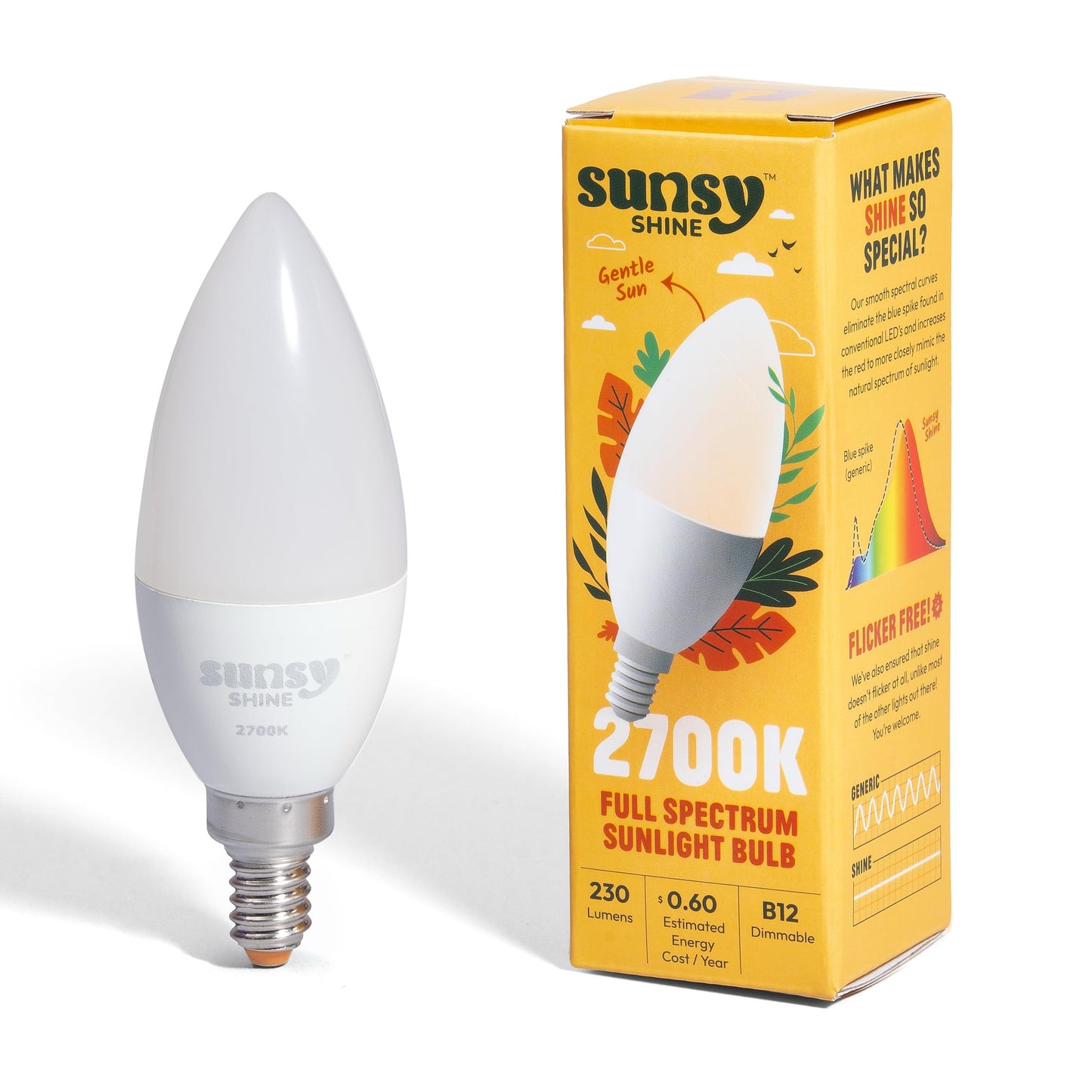 sunsy Shine B12 Candelabra LED, 2700K Soft White, CRI 97, Flicker-Free