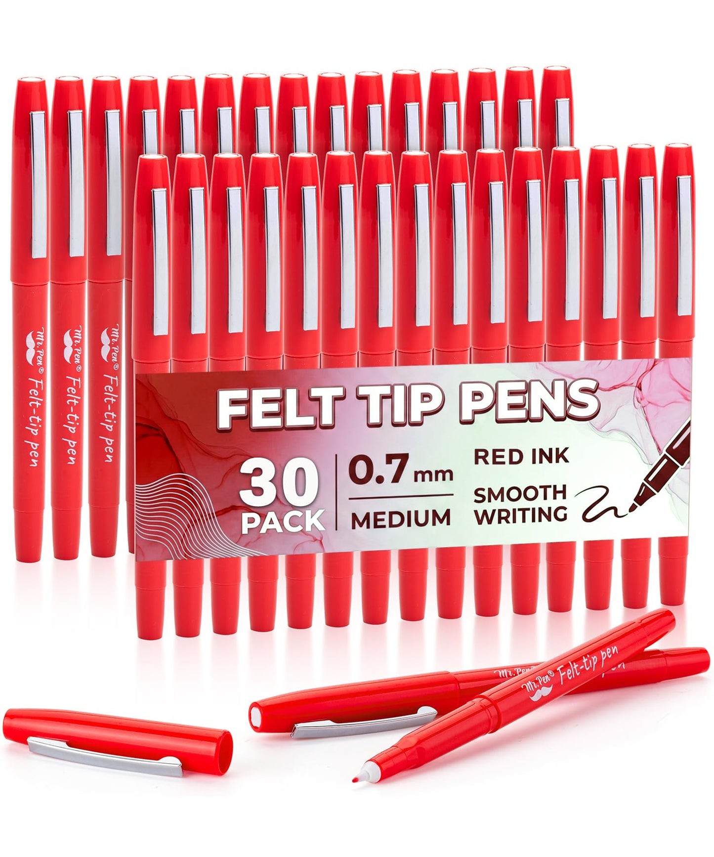 Mr. Pen- Felt Tip Pens, 30 Pack, 0.7 mm, Red Felt Tip Pens Bulk, Fast Dry