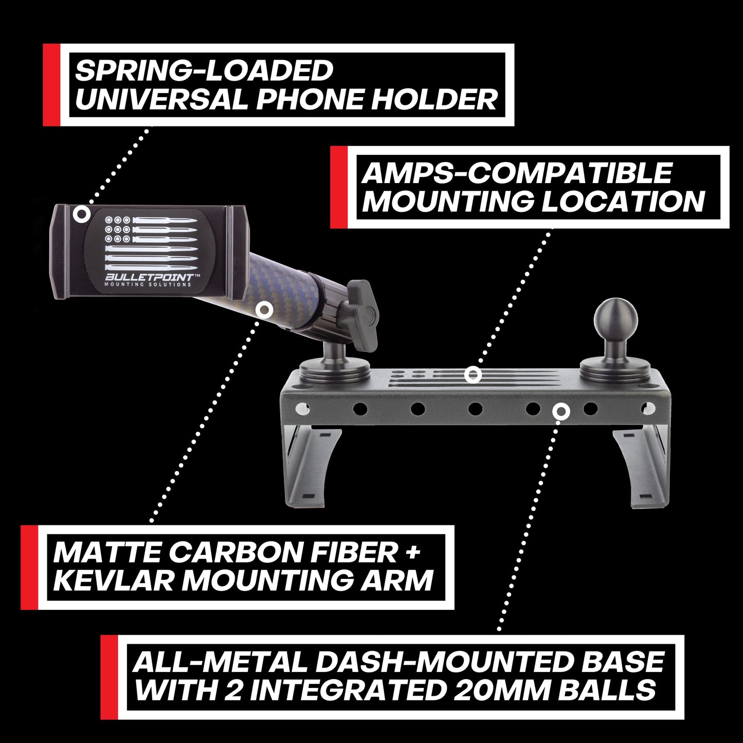 Bulletpoint Metal Dash Mount Phone Holder Compatible with 2015-2020 Ford F150 & 2017-2022 F250/F350 Super Duty - Dual 20mm Ball Dash F150 Phone Mount