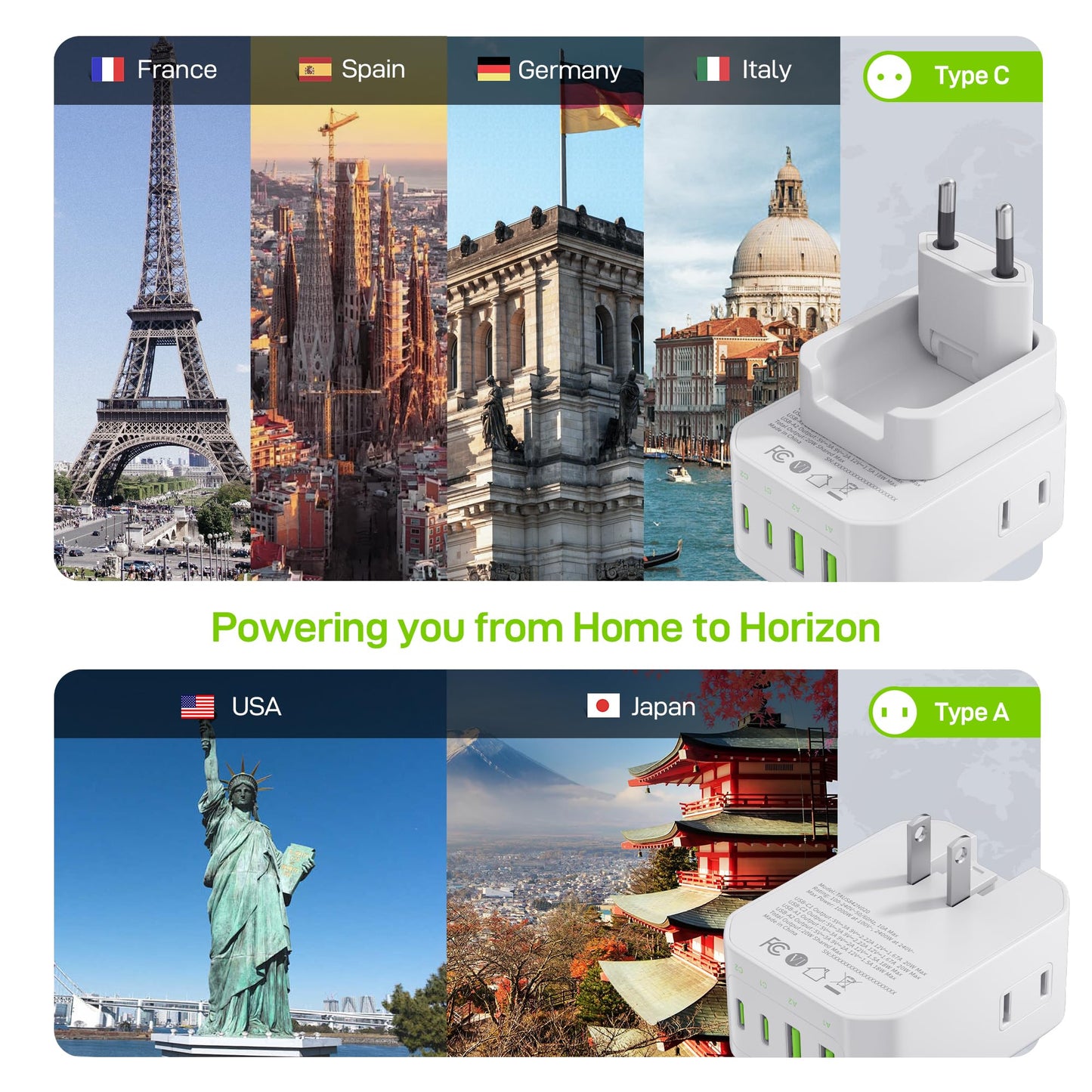 EPICKA Hybrid European Travel Plug Adapter, Foldable & Detachable Type C (EU) VisaPlug, 8-IN-1 International Power Adapter with 4 USB Ports (2 USB-C…