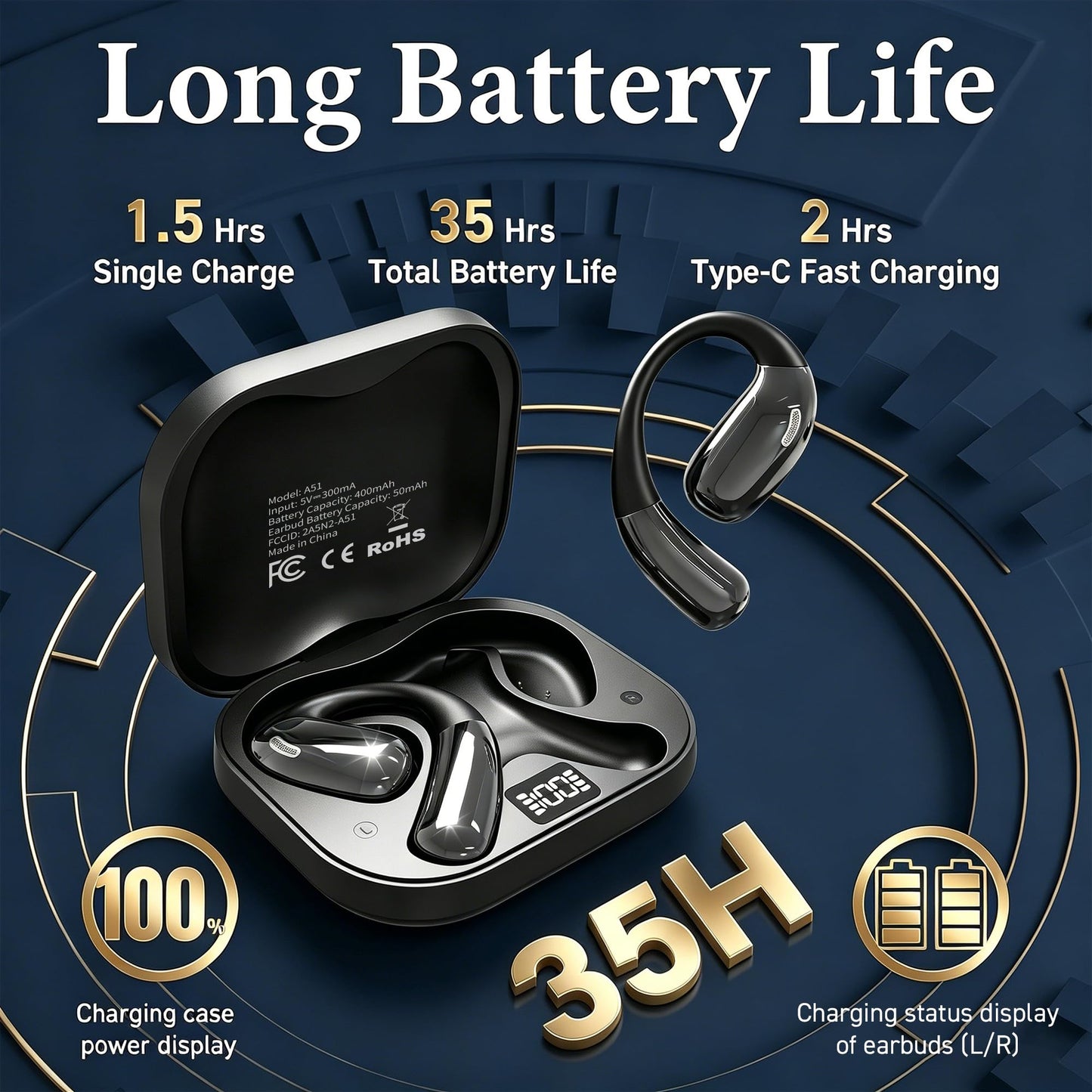Open Ear Headphones, Wireless Headphones with Smart Digital Display & Mic, Open Ear Earbuds 35H Playtime, Sweat Resistant & Waterproof, Secure