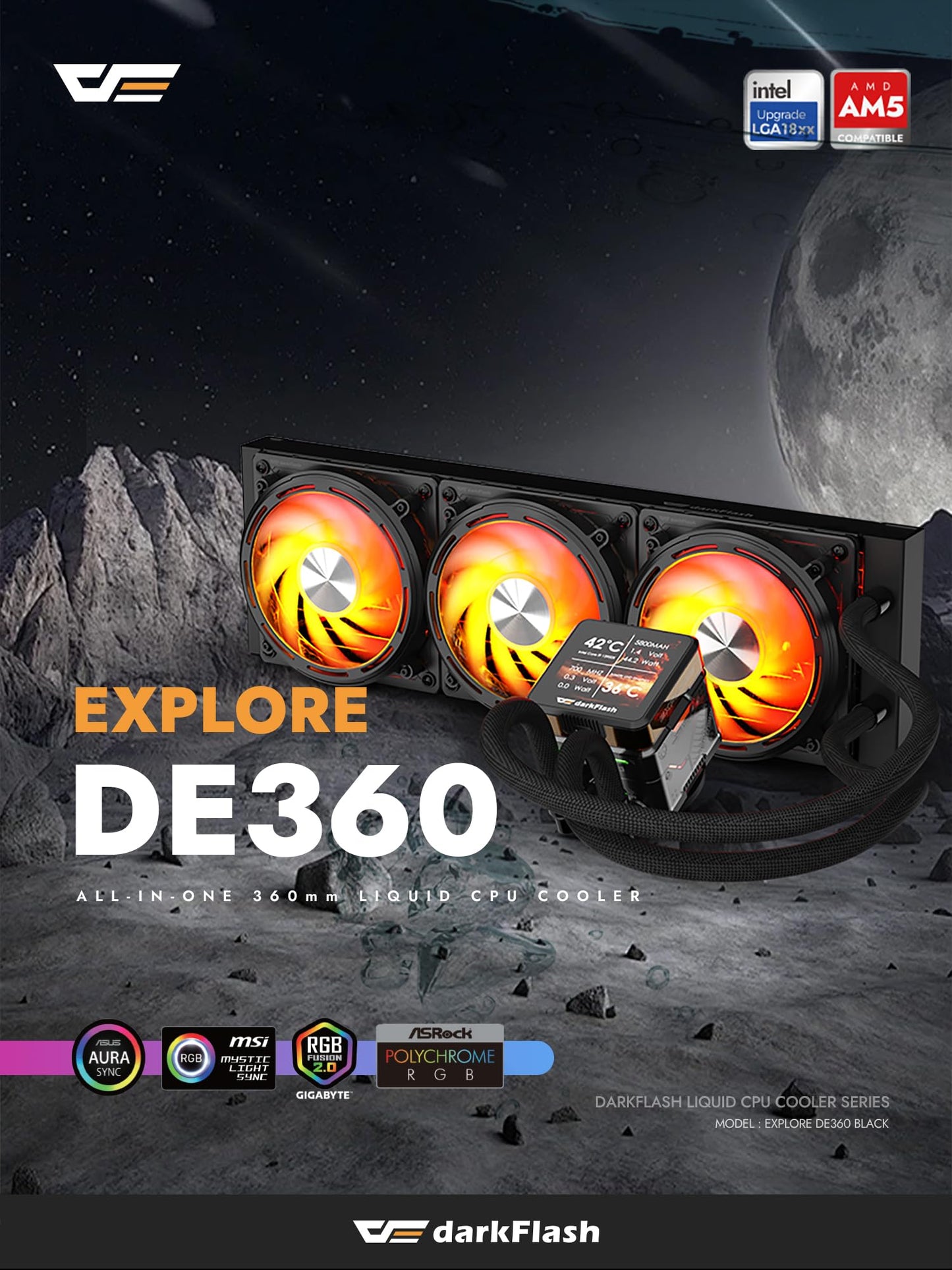 darkFlash DE360 AIO CPU Cooler ARGB Liquid Cooler, 360mm Water Cooling 3X 120mm PWM Fans Low-Noise, 2.88”IPS LCD Display for Images, High-Performance