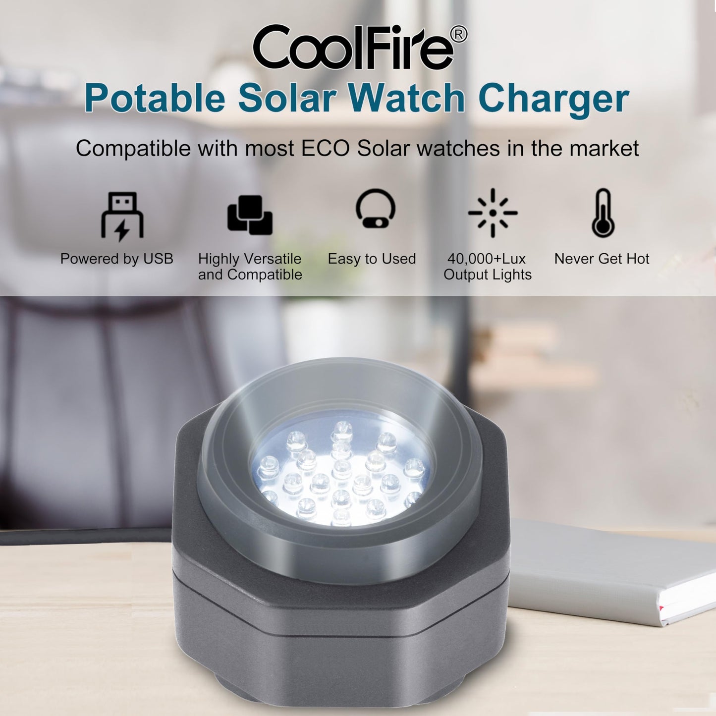 CoolFire (The Original) - USB-C UV Free Solar Watch Fast Charger for All Eco Solar Watches. Safe 24/7 Charging (No 8H Timer Needed). Reloj Hombre