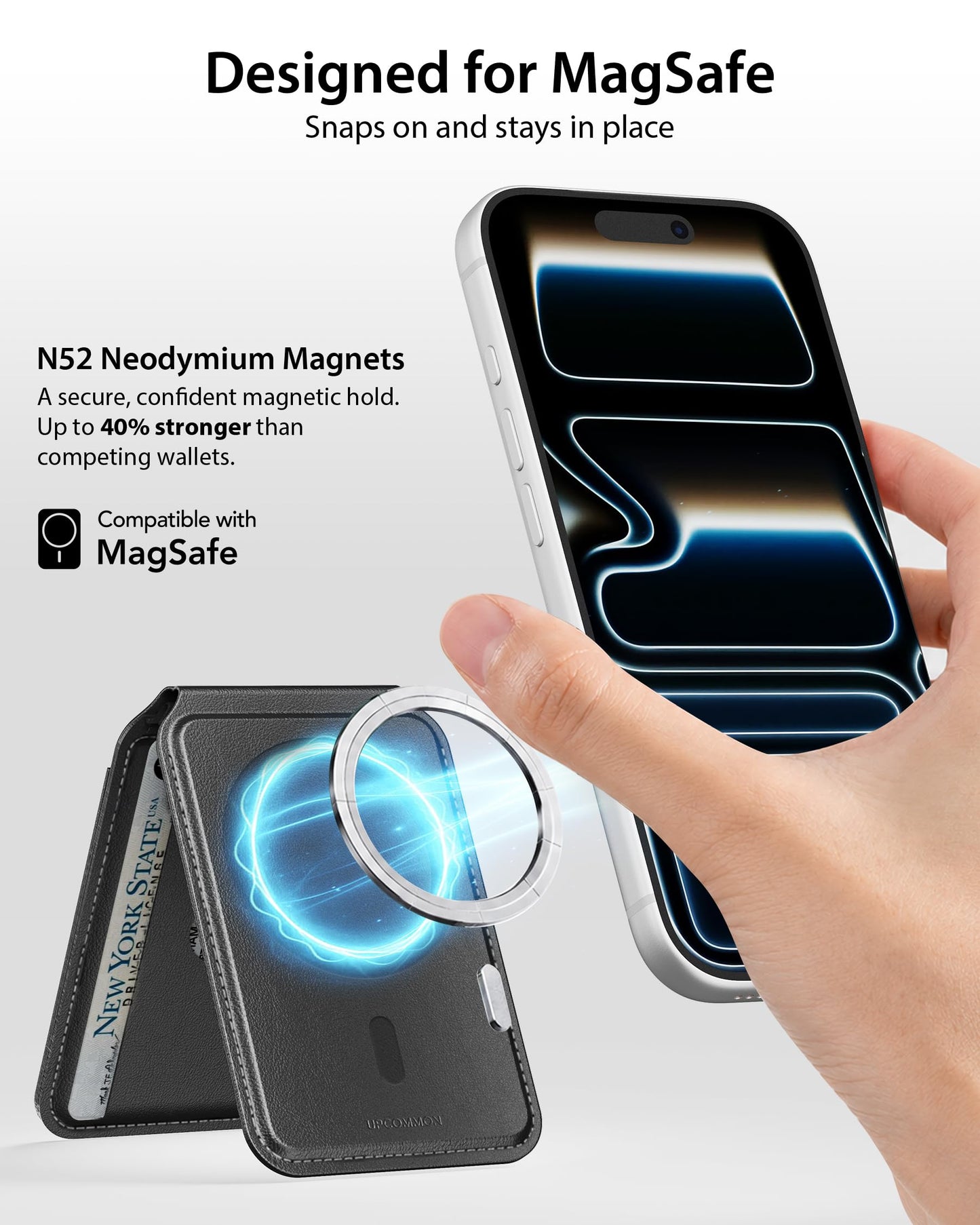Upcommon Enclave Wallet Stand for iPhone 17/16/15/14/13/12 Series, Compatible with MagSafe, Magnetic 5 Card Holder, Adjustable Stand, RFID Blocking