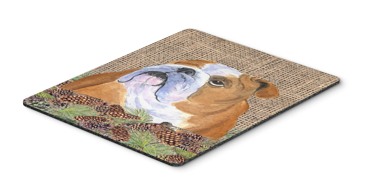 Caroline's Treasures SS4082MP Bulldog English on Faux Burlap with Pine Cones Mouse Pad, Hot Pad or Trivet for Home Office Gaming Working Computers