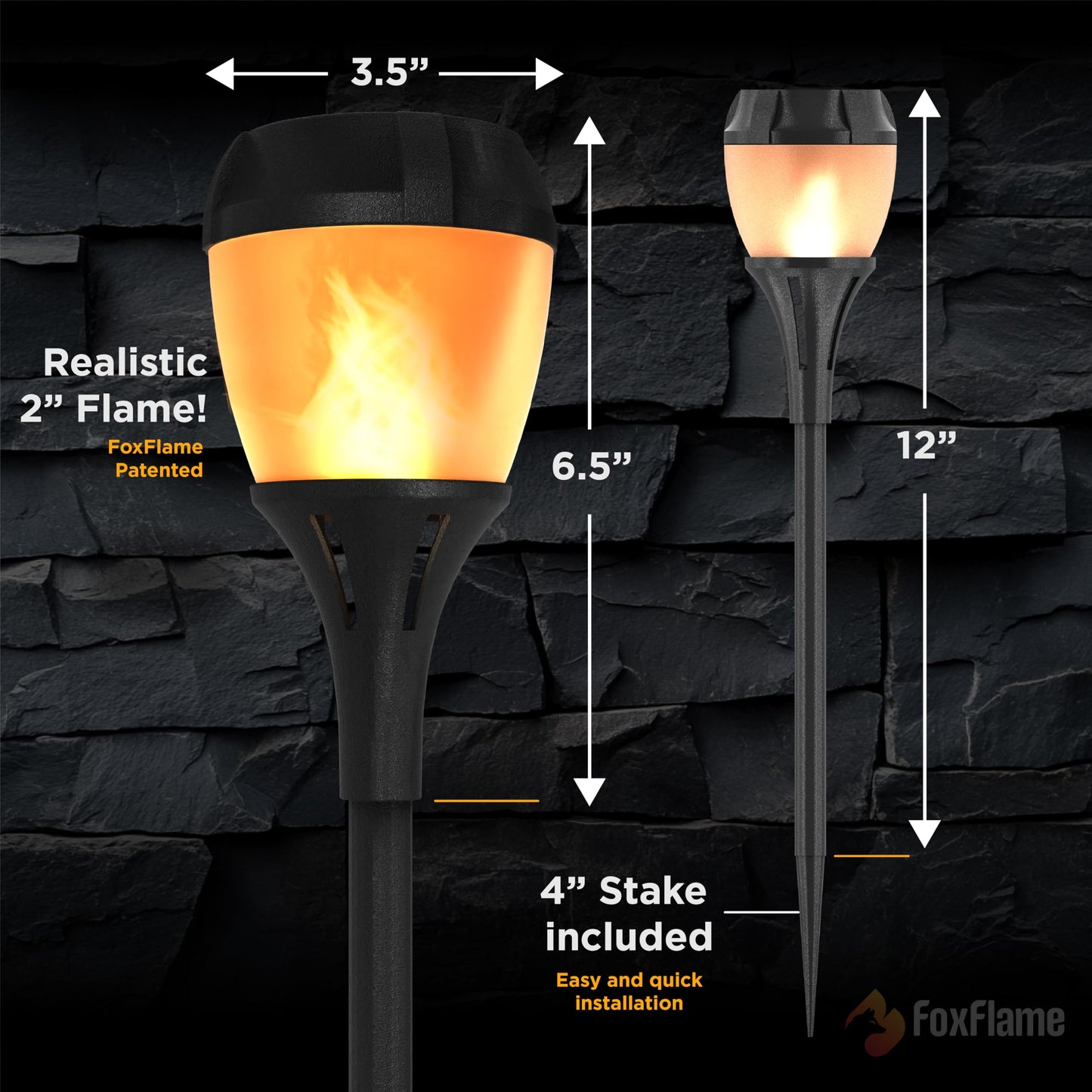 FoxFlame Solar Path Lights Outdoor Waterproof-Realistic Flickering LED Flame,IP65 Pathway Lights Solar Powered Warm Light for Garden