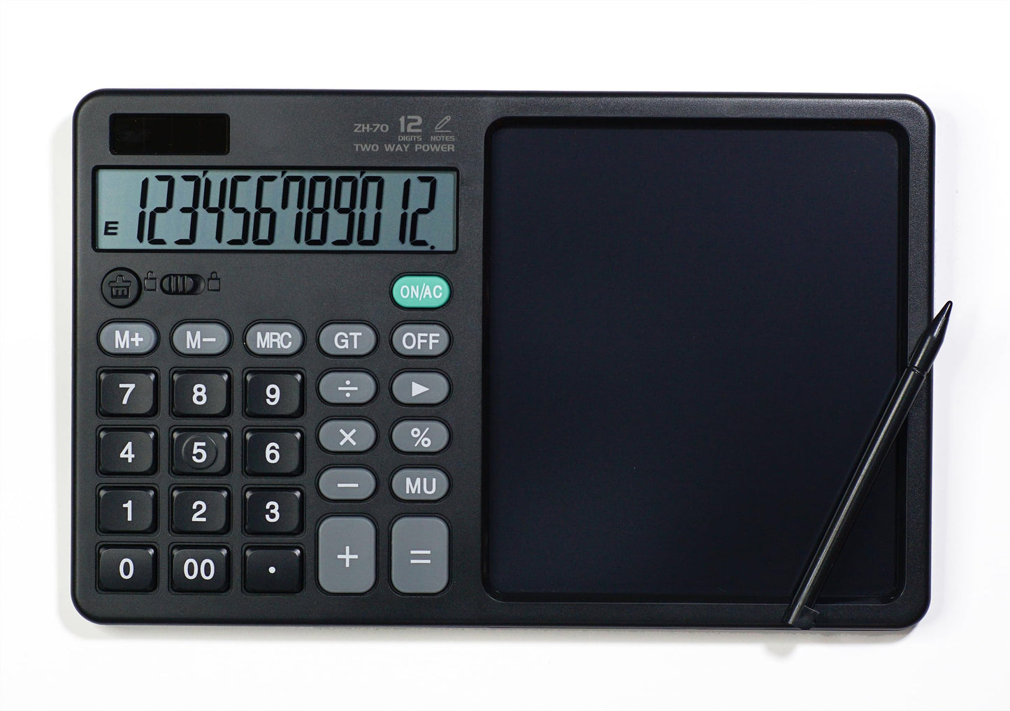 Desk Calculator Large Display with 7'' Erasable Writing Pad, 12 Digits Large Screen Display Jumbo Calculadora, Solar & Battery Powered Big Button