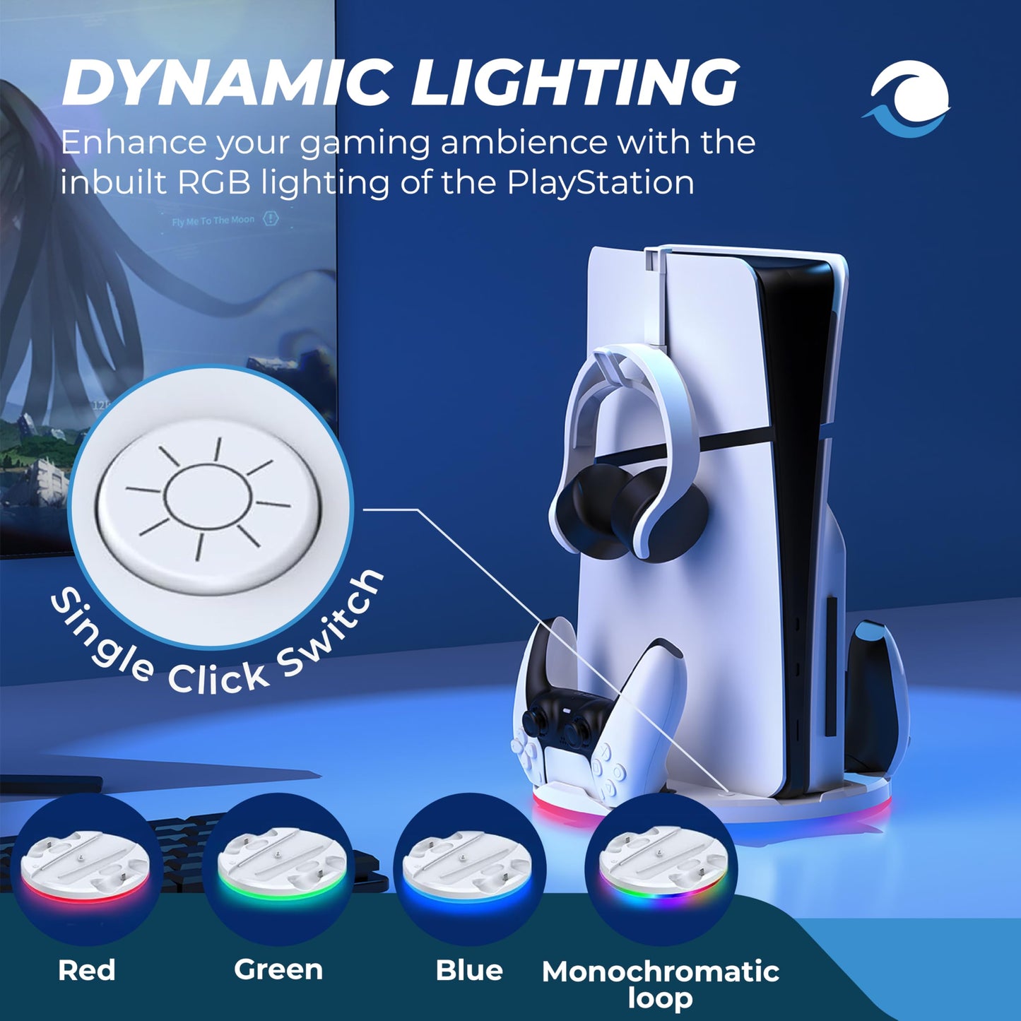 Stand with Dual Controller Charger for PS5 Slim - Vertical Console Stand with Headset Hook for PlayStation 5 - Cool RGB Lights - Efficient Charging