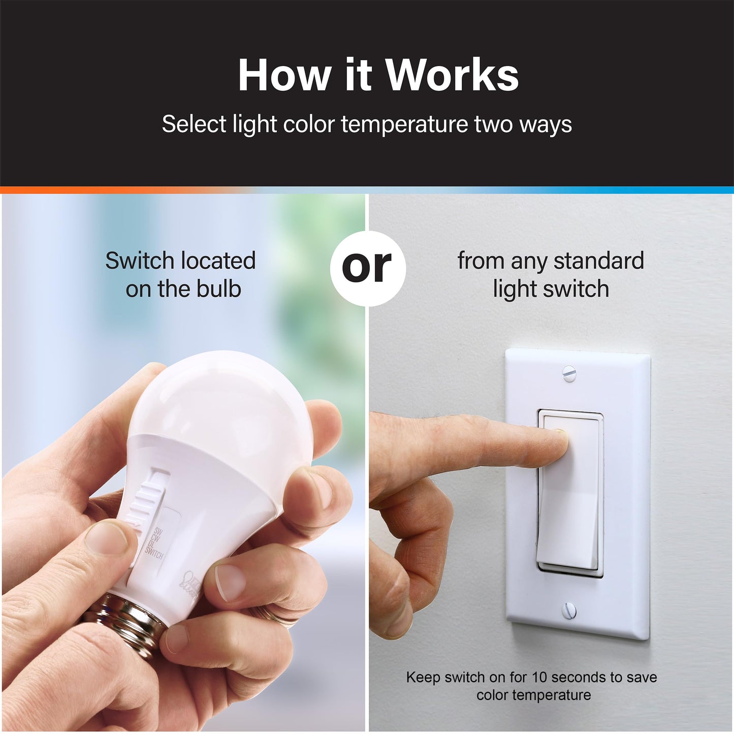 Feit Electric LED Light Bulbs - A19 60W Eq. Dimmable 5CCT + Switch - 2 Pack