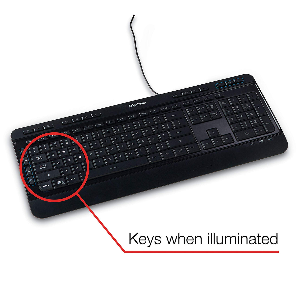 Verbatim Illuminated Wired Keyboard, USB, Full-Size, Backlit Keys, Black