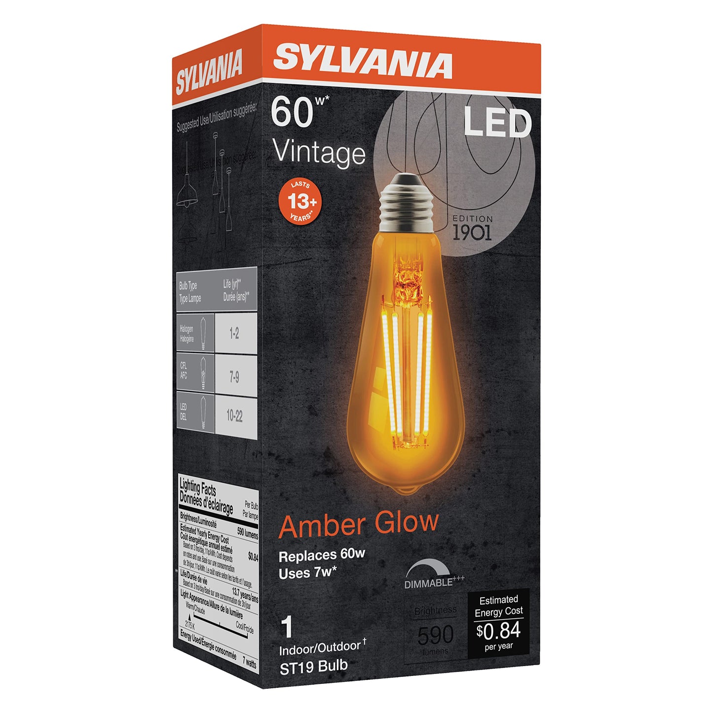 Sylvania LED Vintage ST19 60W Equivalent, Efficient 7W, E26 Medium Base, Dimmable 2175K Amber Glow Light Bulb - 1 Pack (75353)