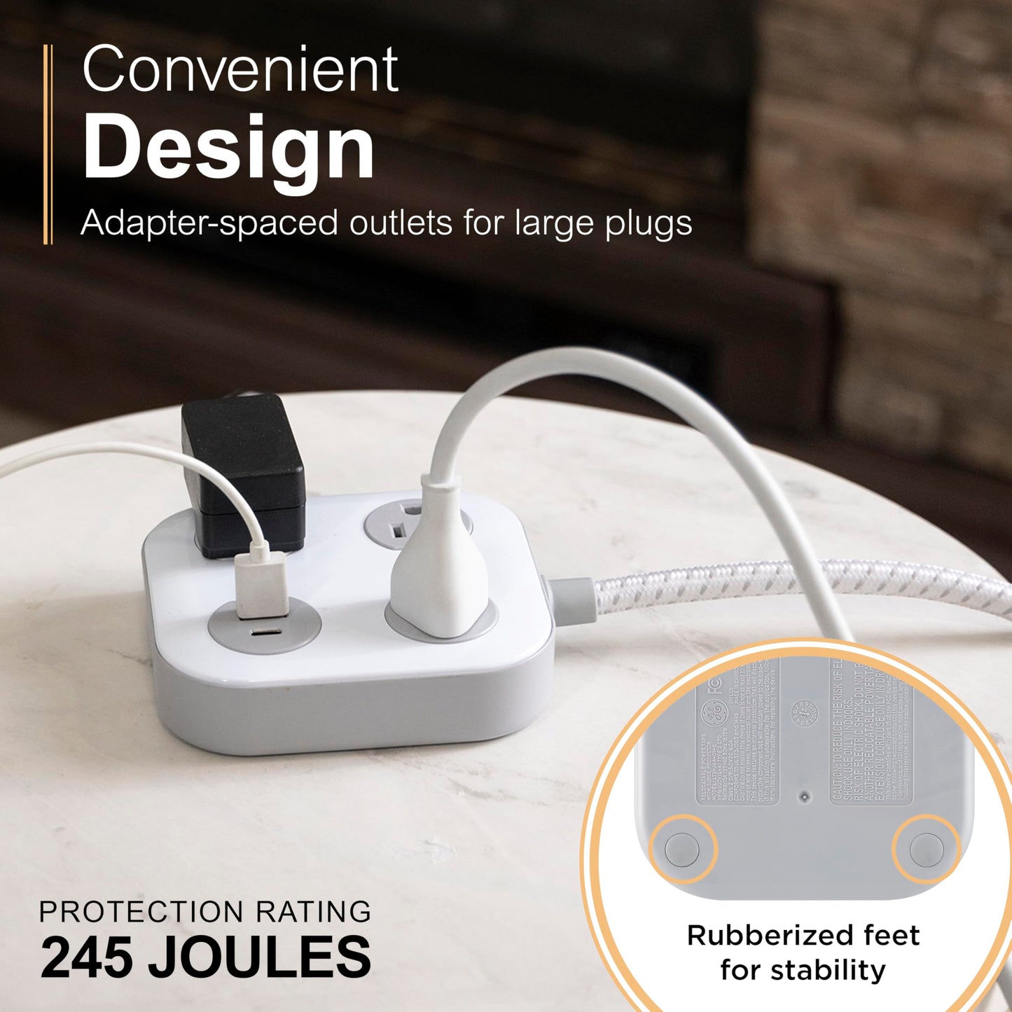 GE UltraPro 3-Outlet Surge Protector with 4ft Braided Cord, Power Strip, Extension Cord, Flat Plug, 1 USB-A & 1 USB-C Port, 245 Joules, for Home