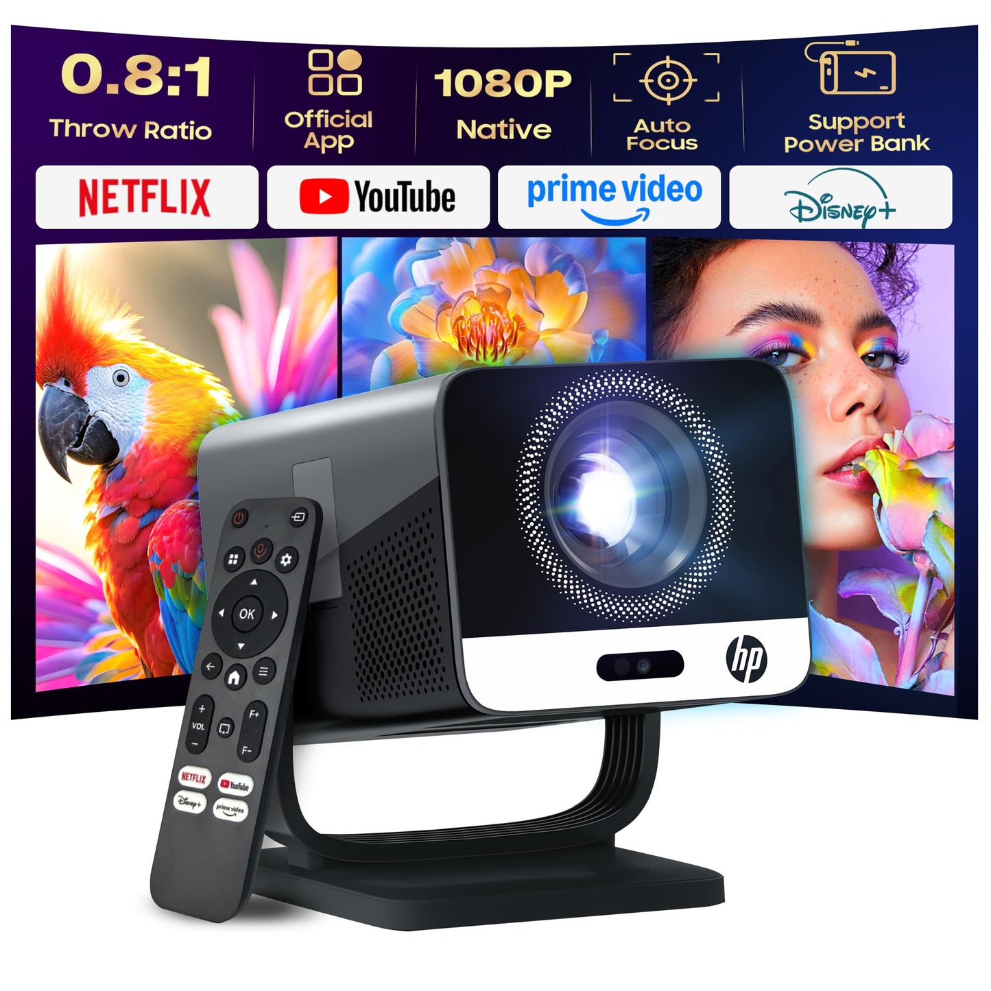 HP MC475 Official Licensed App Native 1080P Full HD Smart Mini Projector with WiFi & Bluetooth, Portable Projector for Outdoor & Bedroom, Short Throw