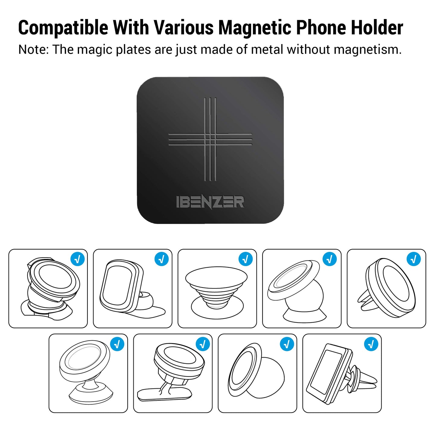 Metal Plate for Magnetic Mount, iBenzer MagOn Car Magnet for All Magnetic Phone Car Mount Holder or Magnetic Cell Phone Holder,2 Pack,Black
