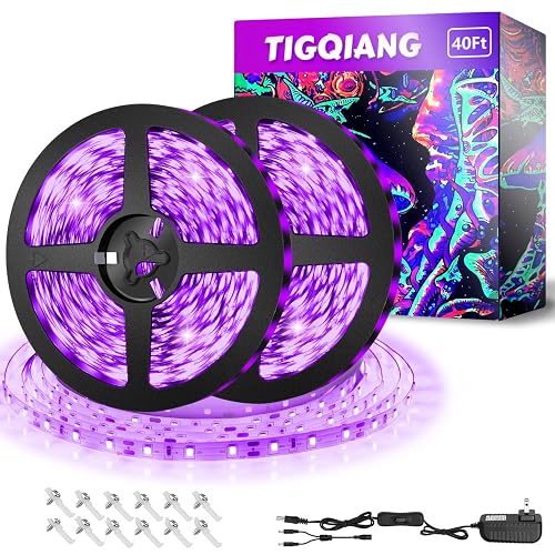 TigQiang Black Light Strip, 40ft/12M Flexible LED Black Light with kit, 720 lamp Beads, 12V LED Light, Non-Waterproof for Indoor Fluorescent Dance